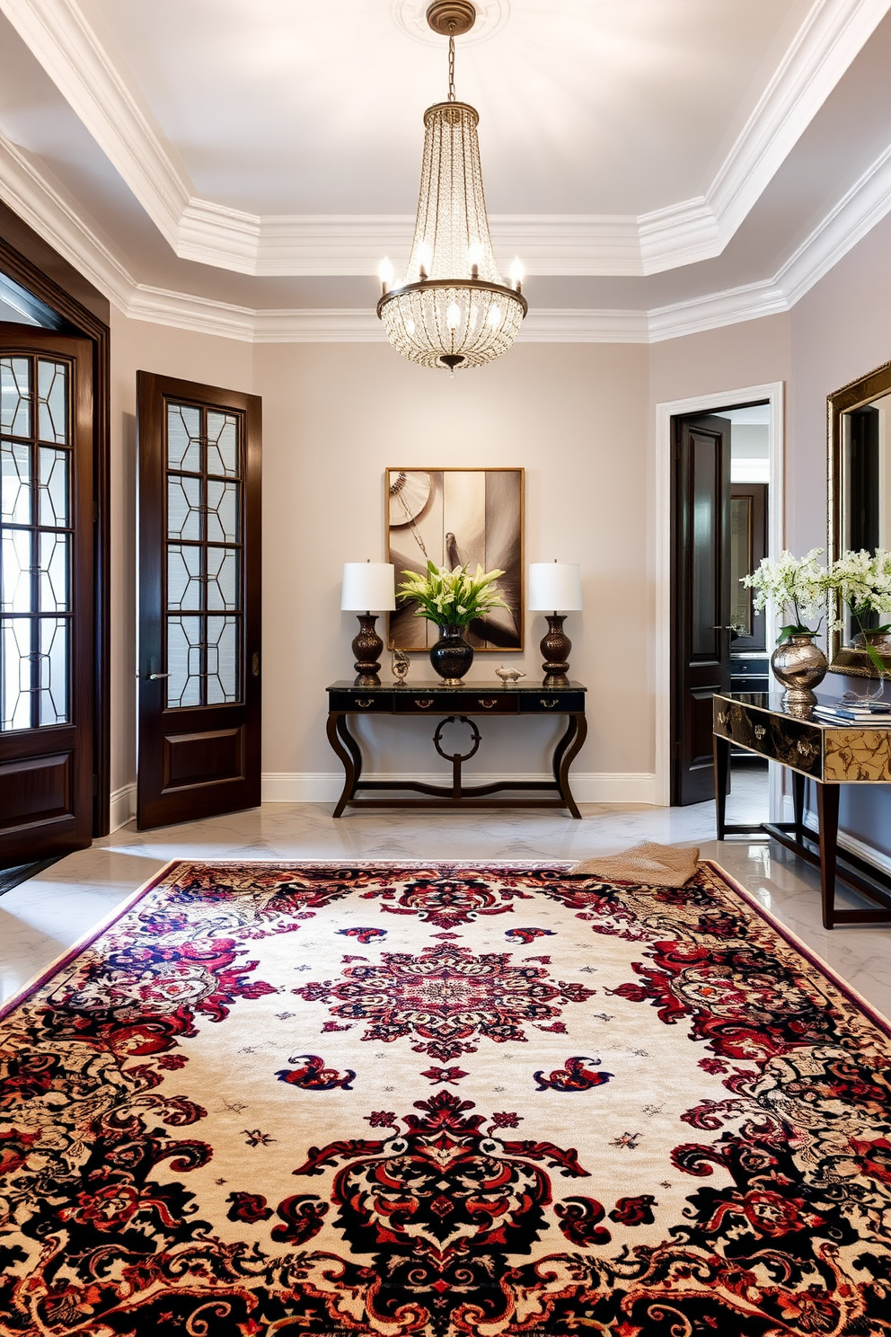 A luxurious area rug is elegantly placed in the center of the room, featuring intricate patterns and rich colors that enhance the overall decor. The soft texture invites you to sink your feet into its warmth, creating a cozy atmosphere. The foyer design showcases grand double doors that open into a spacious entryway, adorned with stunning artwork and a statement chandelier. A stylish console table is positioned against the wall, complemented by decorative accents and a large mirror that reflects light throughout the space.