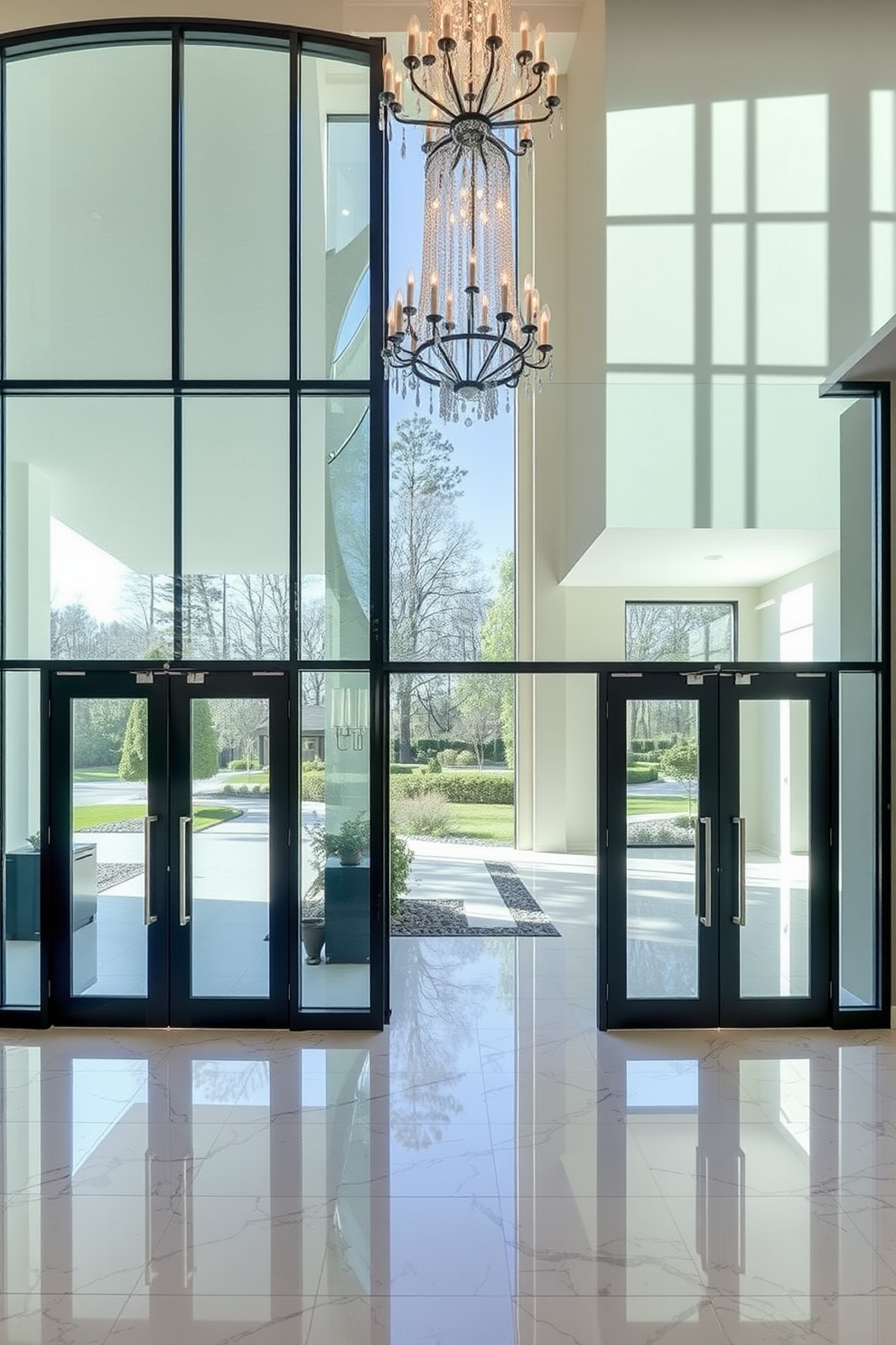 A luxurious foyer featuring expansive glass doors that invite natural light into the space. The floors are adorned with polished marble tiles, and a statement chandelier hangs from the high ceiling, creating an elegant atmosphere.