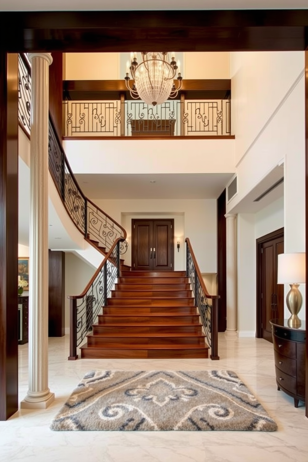 A statement staircase features an artistic railing that combines elegance with modern design. The steps are crafted from rich hardwood, leading to a spacious upper landing adorned with a stunning chandelier. The luxury foyer is designed to impress, with high ceilings and marble flooring that create a grand entrance. Flanking the foyer are tall, decorative columns and a plush area rug that adds warmth and texture to the space.