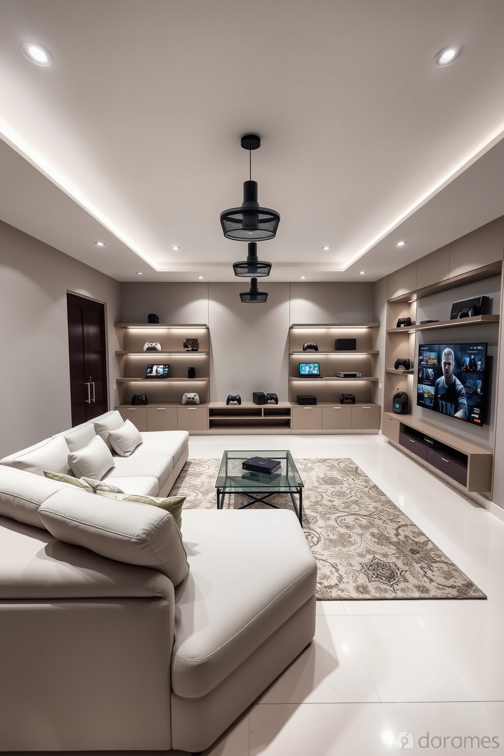 A modern minimalist game room featuring sleek furniture with clean lines and a neutral color palette. The space includes a low-profile sectional sofa, a glass coffee table, and a wall-mounted entertainment system for a streamlined look. The lighting is soft and ambient, with recessed ceiling lights and minimalist pendant fixtures. A large area rug anchors the seating area, while strategically placed shelves display gaming consoles and accessories for an organized yet stylish appearance.