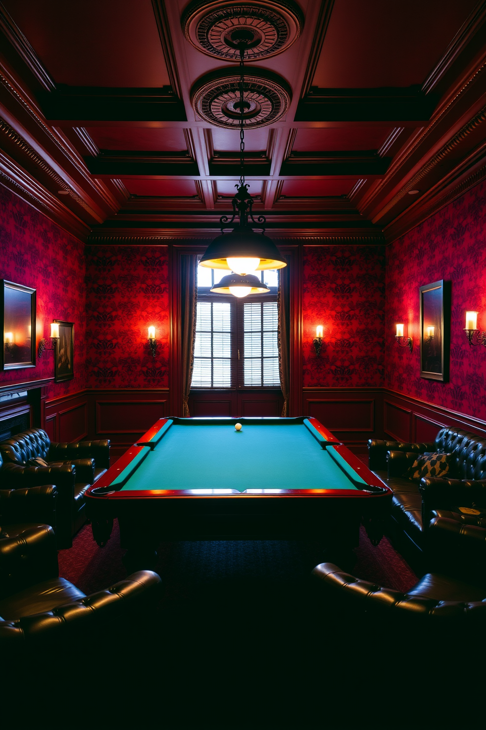 Classic billiards room with rich colors. The walls are adorned with deep burgundy wallpaper, and the ceiling features elegant crown molding. A polished mahogany billiard table takes center stage, surrounded by plush leather seating. Ambient lighting from antique-style sconces casts a warm glow, enhancing the room's inviting atmosphere.