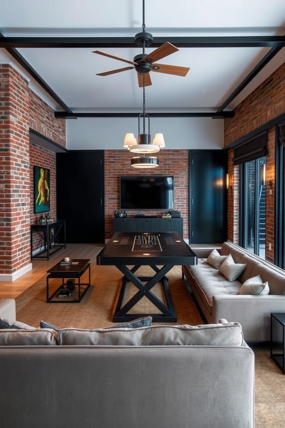 Industrial chic design with metal elements. Exposed brick walls provide a rustic backdrop while sleek metal furniture adds a modern touch. Luxury game room design ideas. A plush sectional sofa surrounds a custom-built game table, and ambient lighting creates an inviting atmosphere.