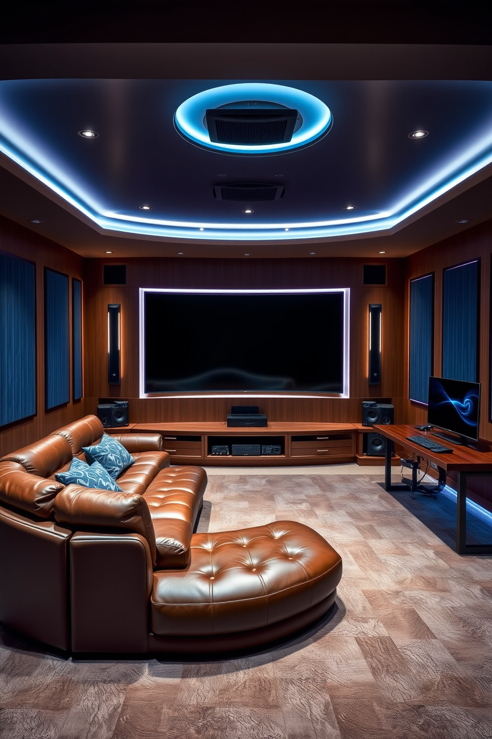 A luxurious game room designed for immersive gaming experience. The space features a large sectional sofa upholstered in rich leather facing a massive curved screen with ambient LED lighting. The walls are adorned with acoustic panels in deep blue tones to enhance sound quality. A sleek gaming console and a high-end PC setup sit on a custom-built gaming desk made of dark wood.