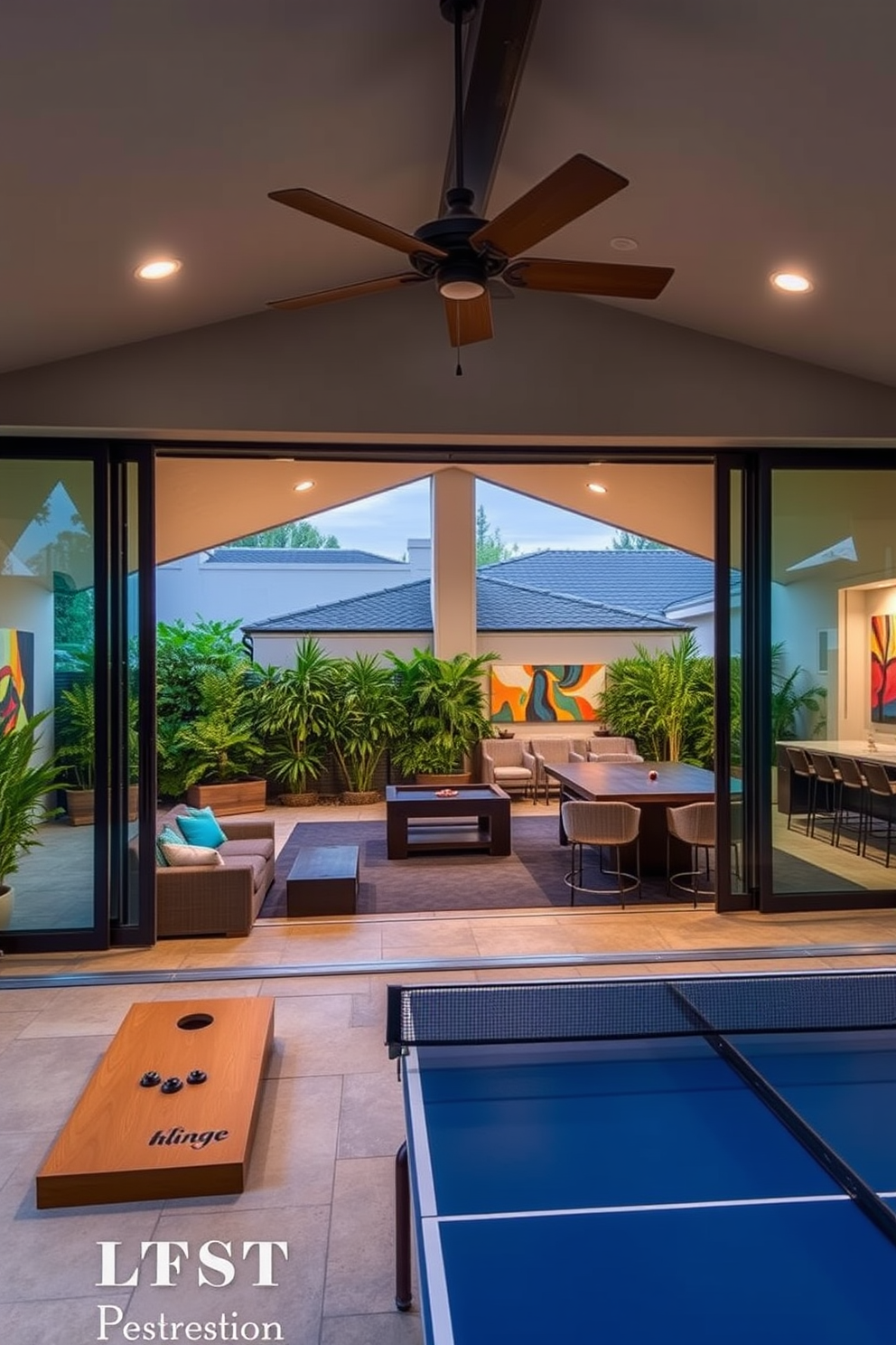 A stylish outdoor game room featuring large sliding glass doors that open to a spacious patio. The room is furnished with a comfortable sectional sofa, a sleek pool table, and a bar area with high stools, all surrounded by lush greenery. The walls are adorned with vibrant artwork and soft ambient lighting creates a welcoming atmosphere. A large ceiling fan circulates the air, while outdoor games like cornhole and a ping pong table are set up on the patio for added entertainment.