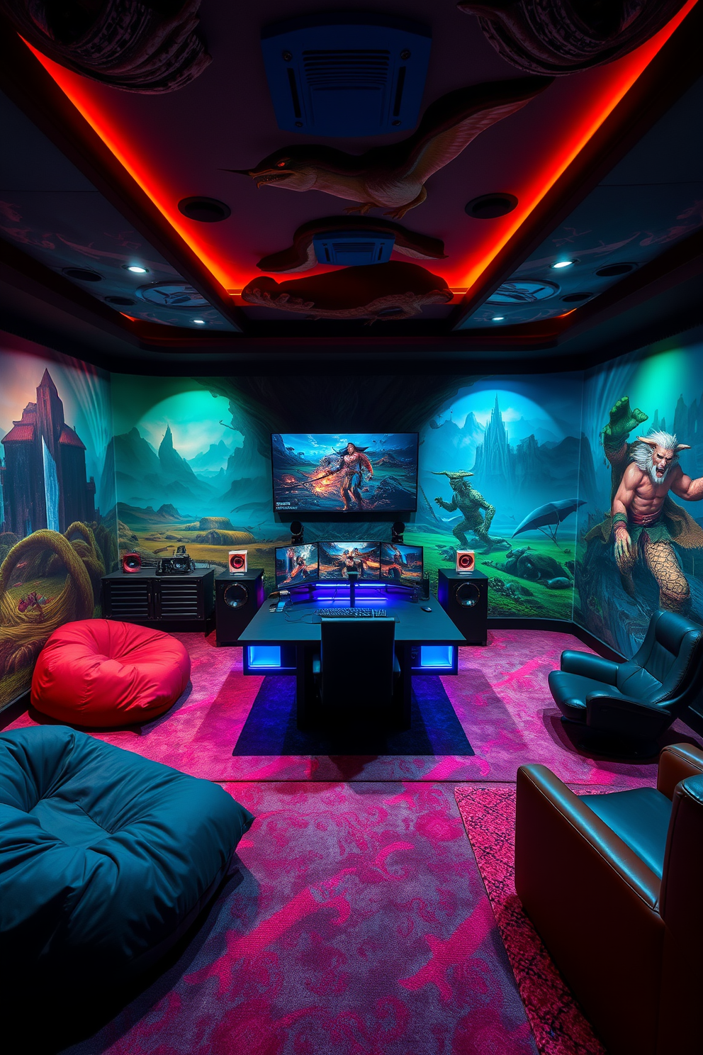 A fantasy gaming room designed with immersive themed decor. The walls are adorned with vibrant murals depicting mythical landscapes and characters, while the flooring features plush carpeting in rich, deep colors. A large, custom-built gaming desk sits at the center, equipped with high-end gaming equipment and ambient LED lighting. Surrounding the room are comfortable seating options, including bean bags and stylish lounge chairs, creating a cozy yet exciting atmosphere.