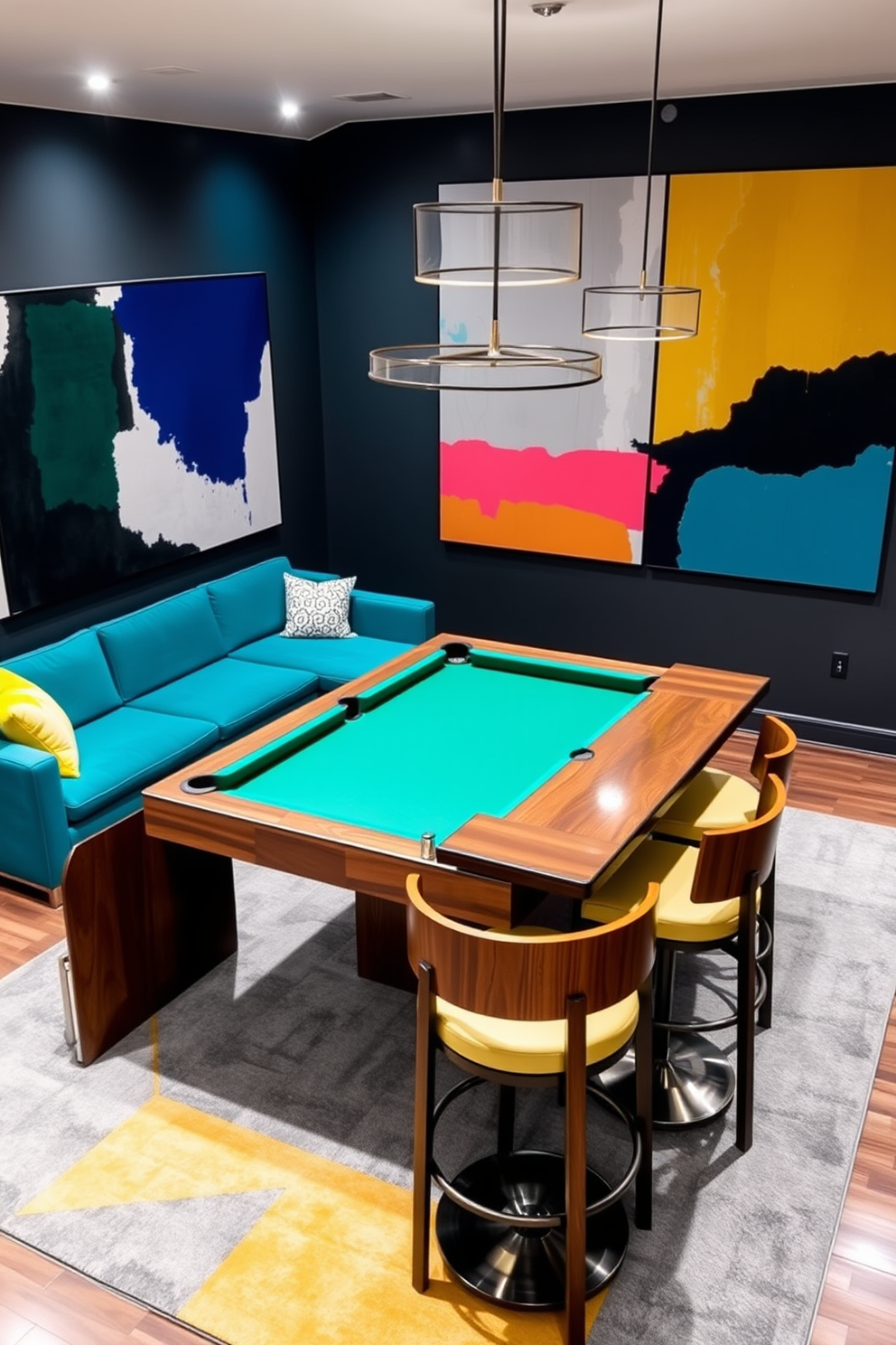 A contemporary game room featuring a sleek sectional sofa in a vibrant teal color, complemented by a geometric area rug in shades of gray and yellow. The walls are adorned with large abstract art pieces that incorporate bold colors, creating a dynamic focal point in the space. A stylish pool table takes center stage, surrounded by modern bar stools in a rich walnut finish. Ambient lighting fixtures with a minimalist design illuminate the room, enhancing the luxurious feel while providing a cozy atmosphere for entertaining guests.