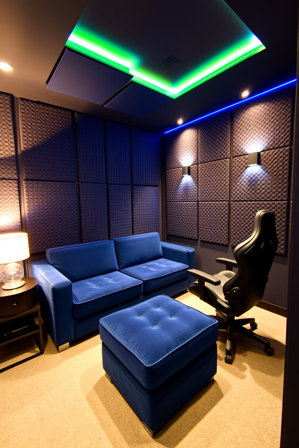 A stylish multi-functional space designed for both gaming and relaxation. The room features a plush sectional sofa in a deep blue hue, paired with a sleek gaming chair that offers ergonomic support. The walls are adorned with soundproof panels in a modern geometric pattern, enhancing both acoustics and aesthetics. Ambient LED lighting highlights the gaming area while soft lamps create a cozy atmosphere for relaxation.