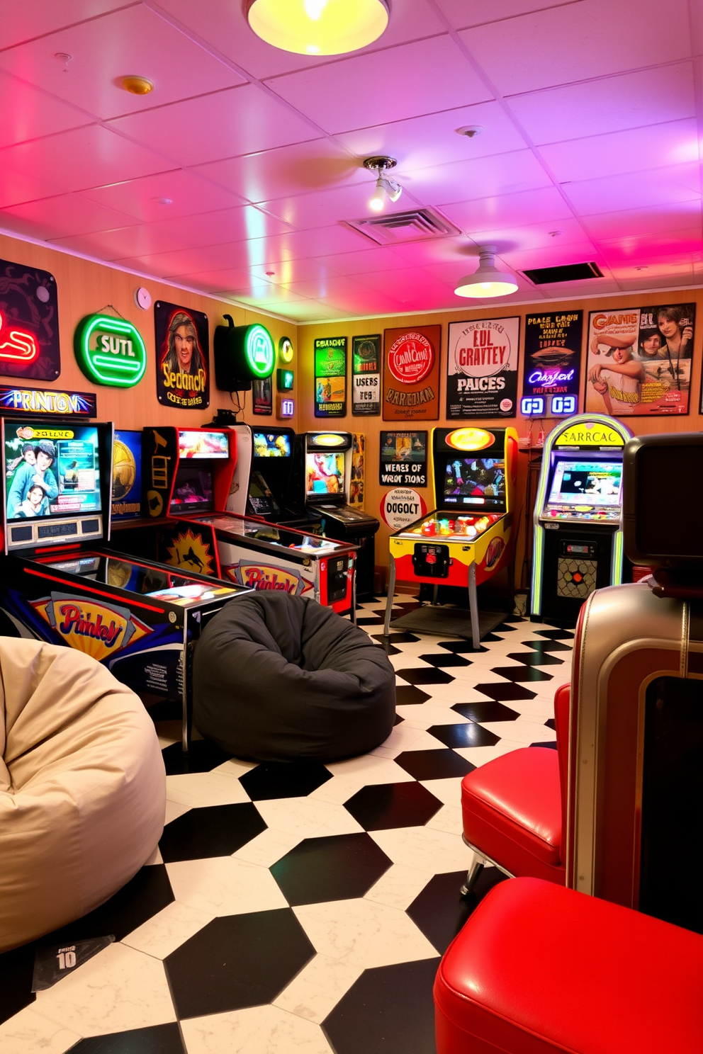 A vintage arcade style game room featuring classic pinball machines and retro arcade cabinets. The walls are adorned with neon signs and vintage posters, creating a nostalgic atmosphere. The flooring is a checkered pattern in black and white, complementing the colorful decor. Plush bean bags and retro lounge chairs provide comfortable seating for gamers, while a vintage jukebox adds to the ambiance.