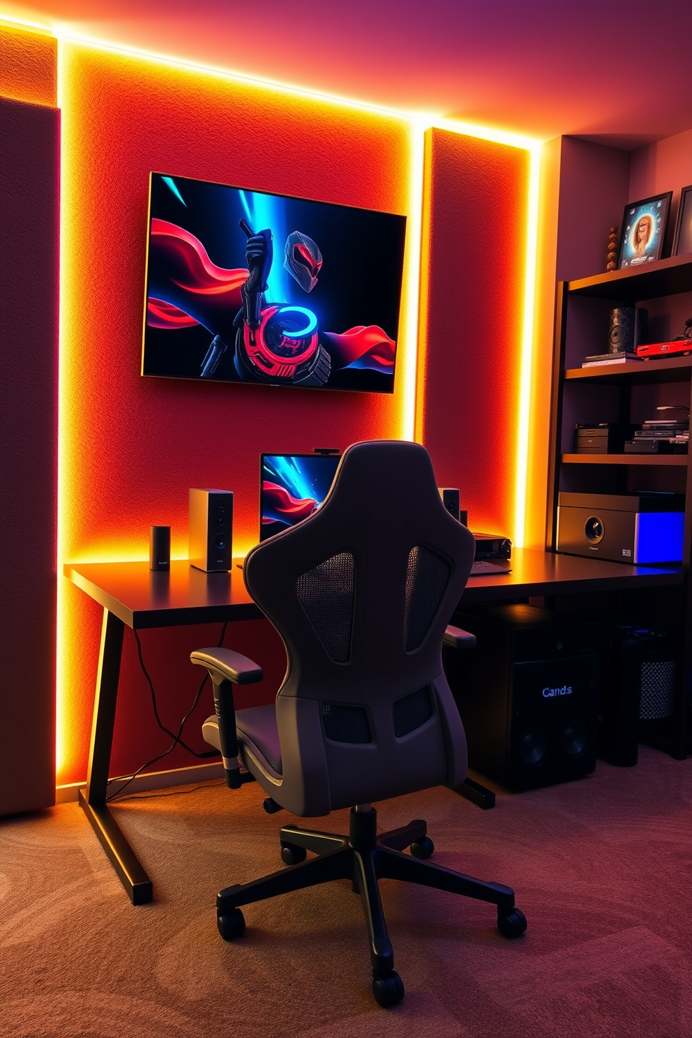 A sleek gaming desk is positioned against a wall adorned with LED strip lights that create an immersive atmosphere. The ergonomic chair features adjustable lumbar support and is upholstered in a high-quality fabric for maximum comfort during long gaming sessions. The room is outfitted with soundproof panels to enhance audio quality and reduce distractions. A large wall-mounted screen displays vibrant visuals, while shelves hold an array of gaming gear and collectibles, adding a personal touch to the space.