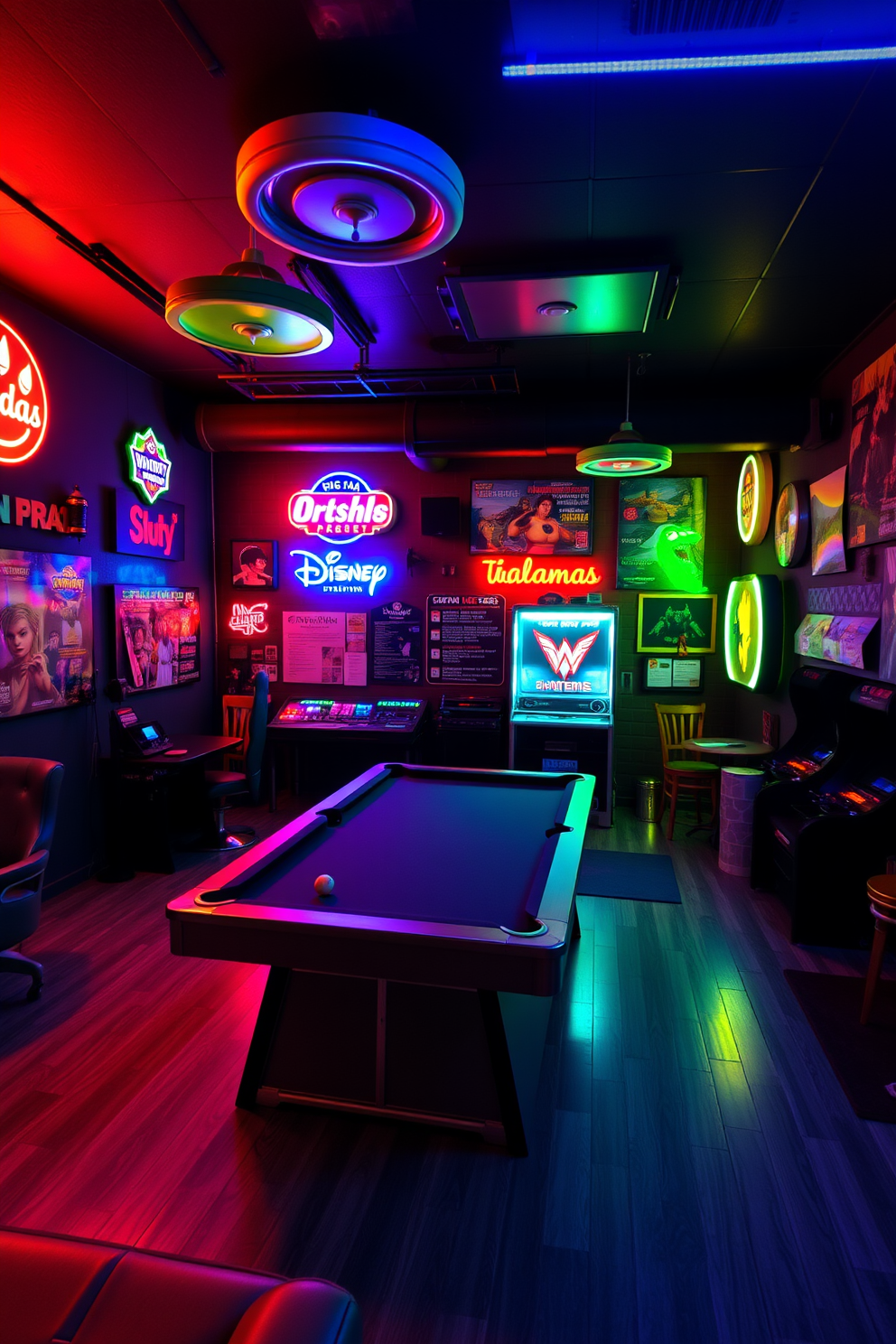 A vibrant game room filled with energy and excitement. Neon signs in various colors illuminate the space, creating a lively atmosphere. The walls are adorned with playful artwork and posters that reflect a modern gaming culture. A sleek pool table takes center stage, surrounded by comfortable seating and ambient lighting.