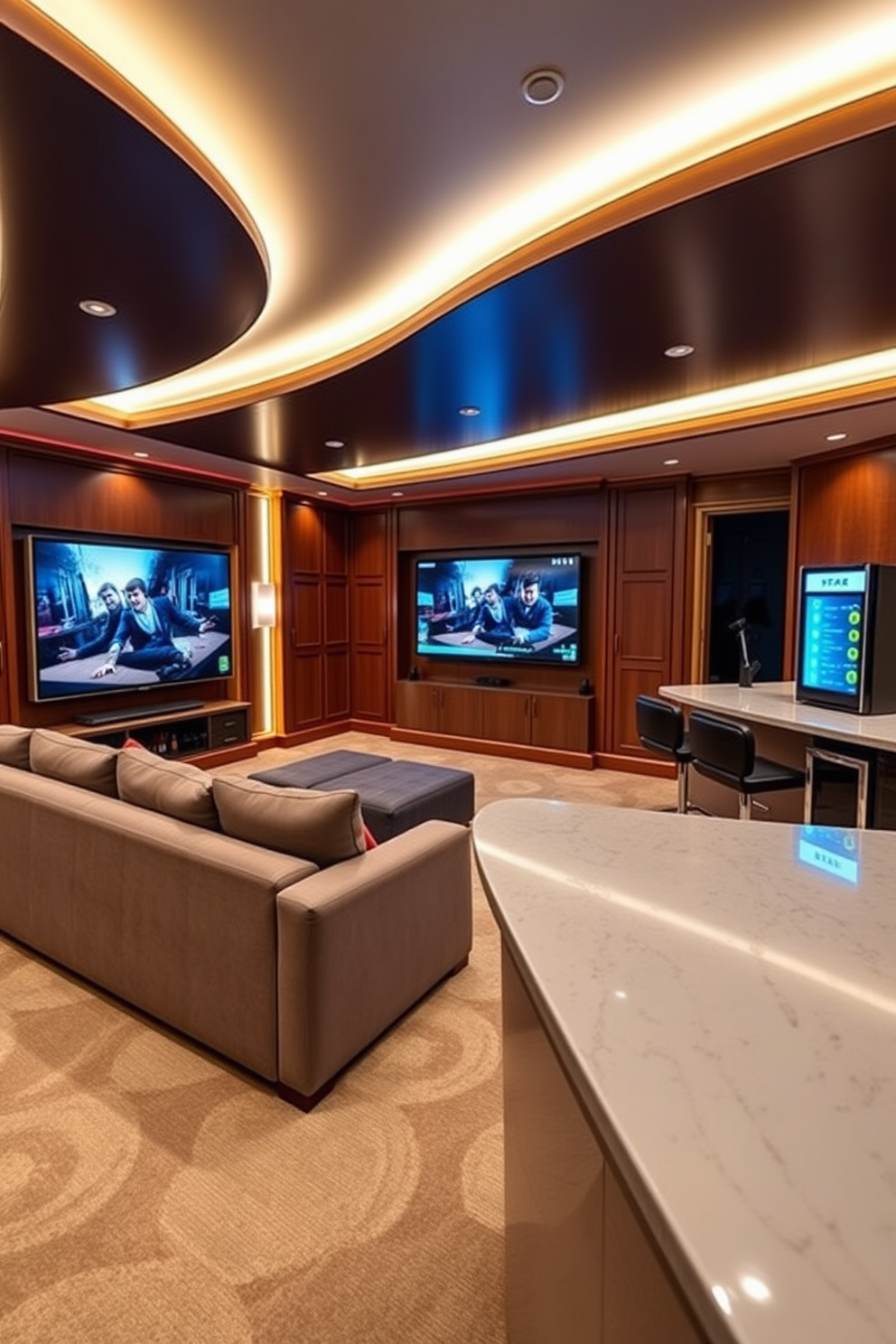 A luxury game room featuring smart home integration for convenience. The space includes a plush sectional sofa facing a large flat-screen TV with surround sound, all controlled via a central smart system. The walls are adorned with rich wood paneling and ambient LED lighting that adjusts to the mood. A sleek bar area with high-top stools is equipped with a mini-fridge and smart beverage dispenser for easy access during game nights.