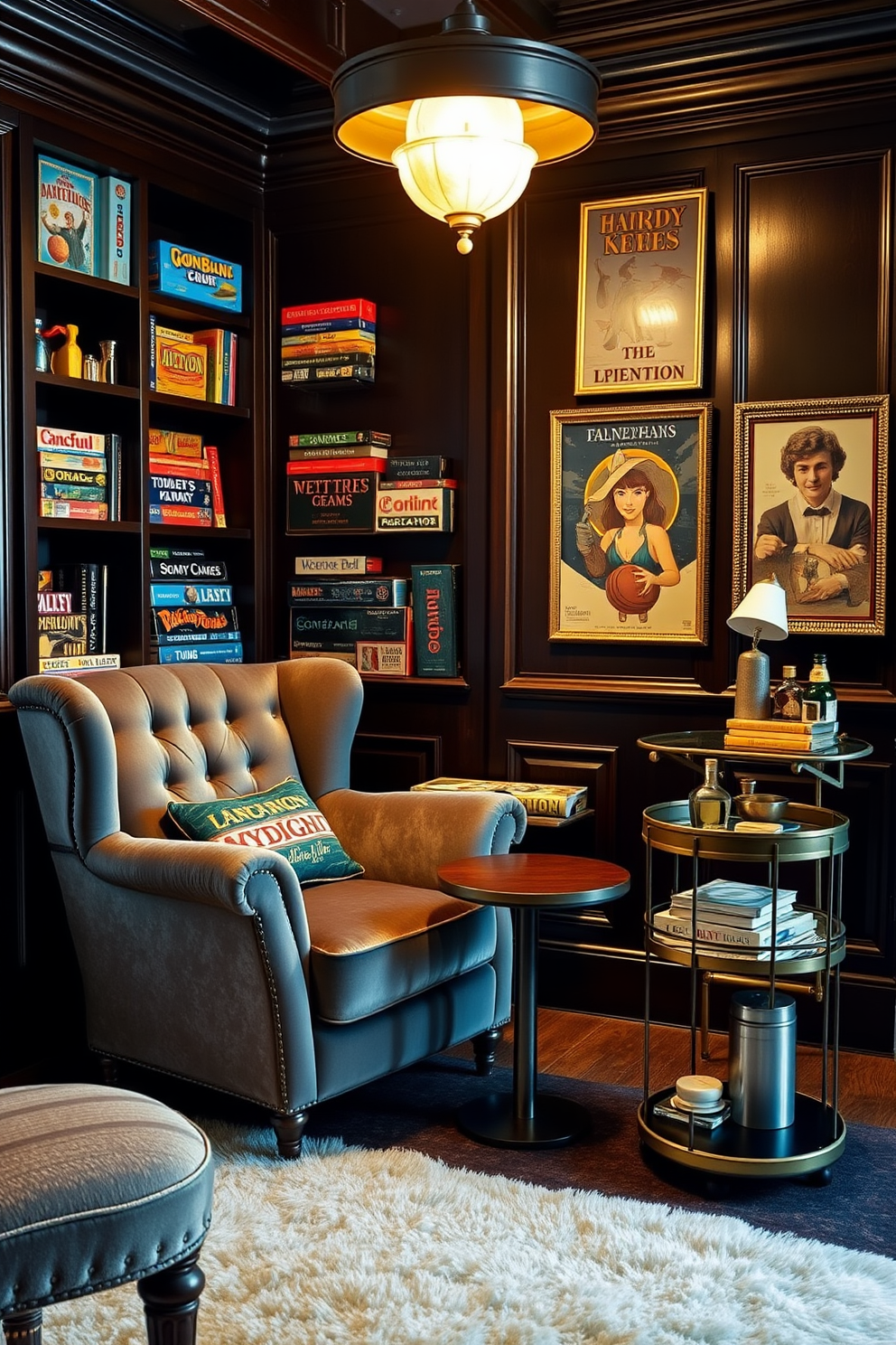 A vintage board game corner features a plush, oversized armchair upholstered in rich velvet, accompanied by a small, round wooden table adorned with classic board games. The walls are lined with shelves filled with colorful game boxes, and a warm, ambient light fixture casts a soft glow over the space. The room is designed with a luxurious feel, incorporating dark wood accents and a plush area rug that adds warmth underfoot. Elegant decor pieces, such as framed vintage game posters and a stylish bar cart, enhance the overall sophistication of the game room.