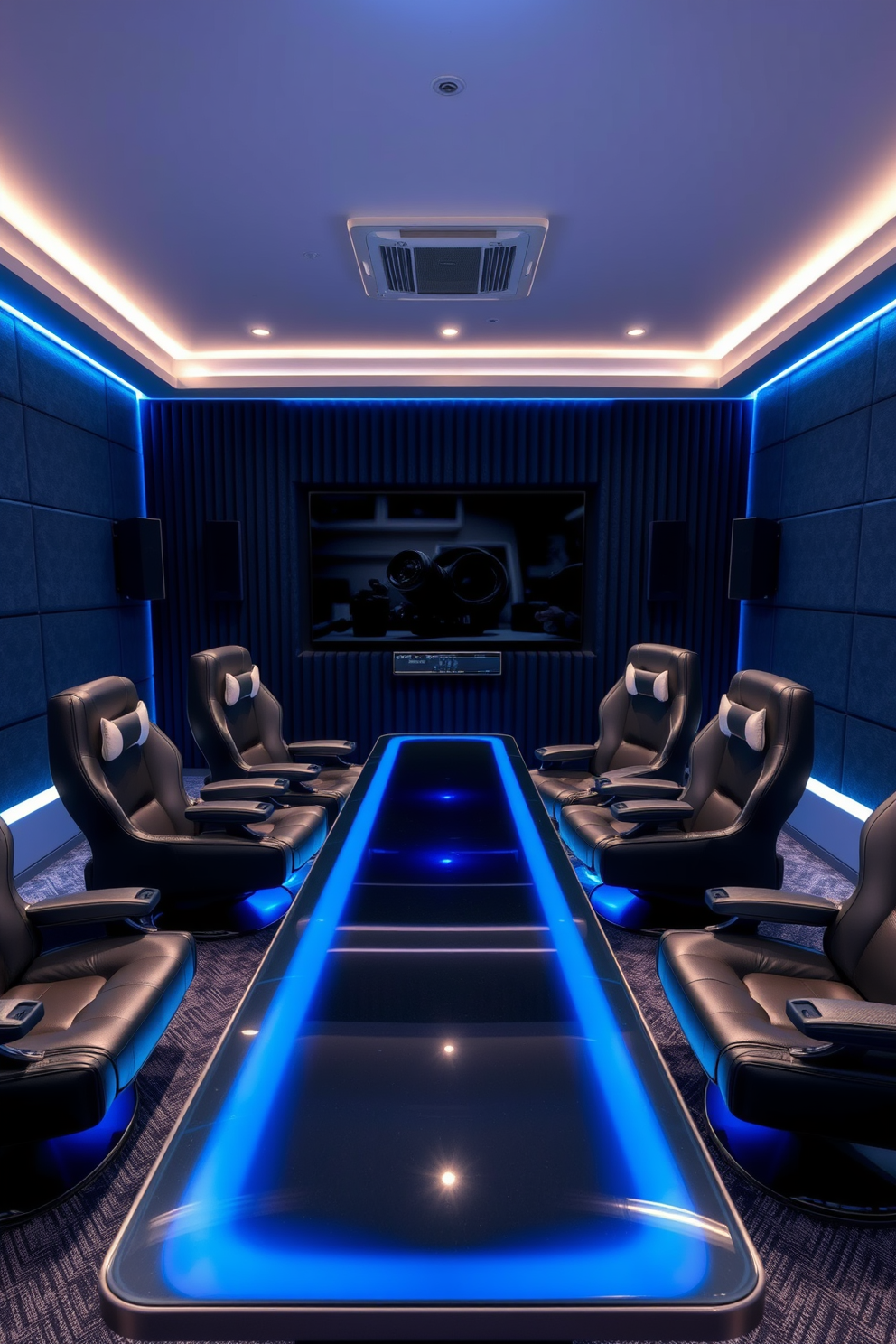 A luxurious gaming room featuring high-end gaming chairs with built-in massage features. The chairs are upholstered in premium leather and positioned around a sleek modern gaming table with ambient LED lighting. The walls are adorned with soundproof panels in deep blue tones, creating an immersive atmosphere. A large screen is mounted on the wall, complemented by a state-of-the-art sound system for an unparalleled gaming experience.