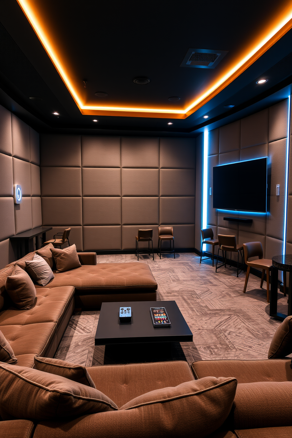 A luxurious game room featuring plush seating and a large sectional sofa arranged around a sleek coffee table. The walls are adorned with soundproof panels and the integrated sound system provides an immersive audio experience for gaming and entertainment. In the corner, a stylish bar area is equipped with high-top stools and a mini-fridge stocked with beverages. Ambient lighting highlights the gaming consoles and a large flat-screen TV is mounted on the wall, creating the perfect atmosphere for relaxation and fun.