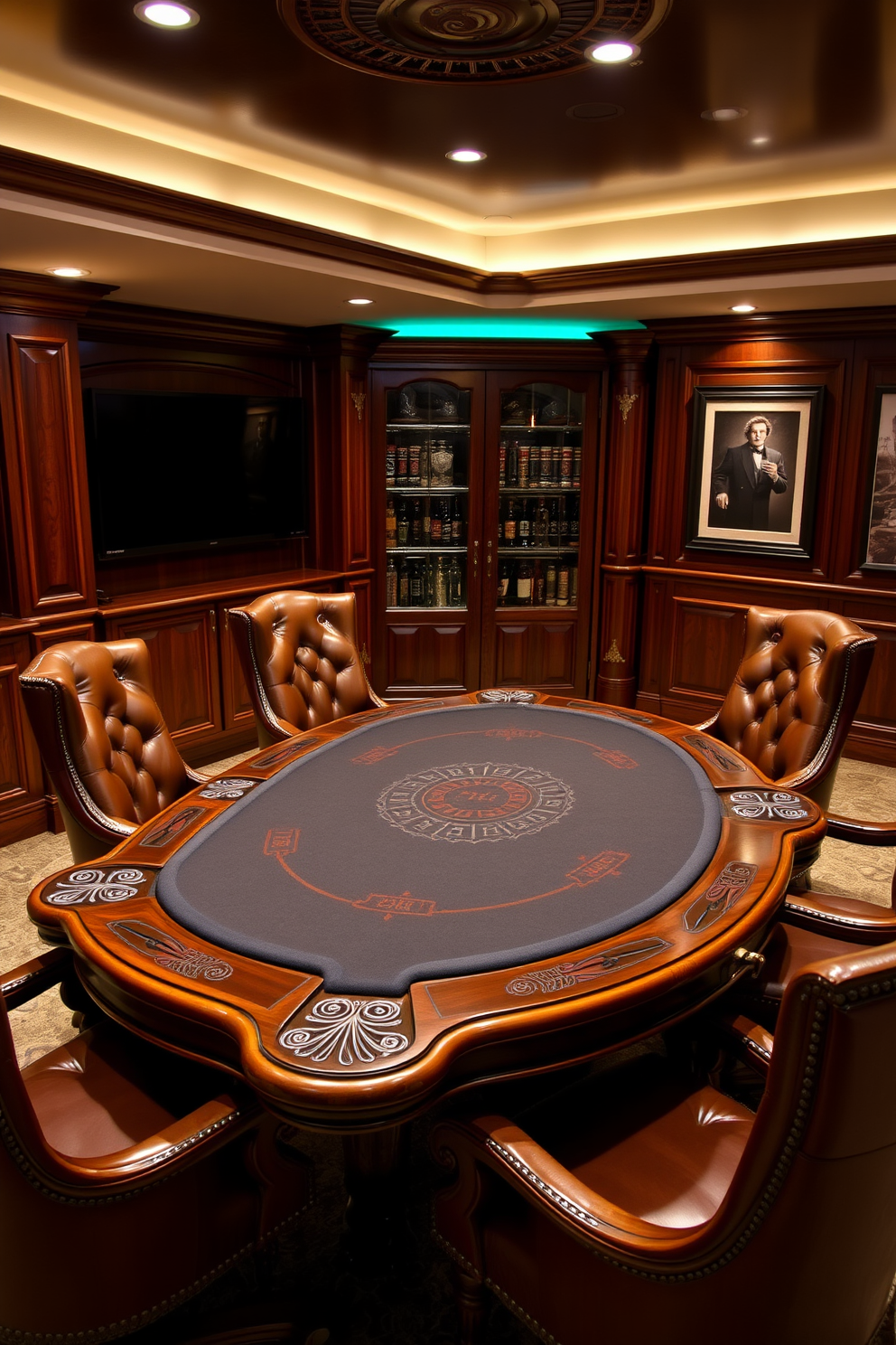 Custom game tables for unique experiences. Imagine a spacious game room featuring a handcrafted poker table made of rich mahogany with intricate carvings and a plush felt surface. The room is adorned with ambient lighting that highlights the table's elegance. Surrounding the table are high-backed leather chairs, providing comfort and style for an unforgettable gaming night.