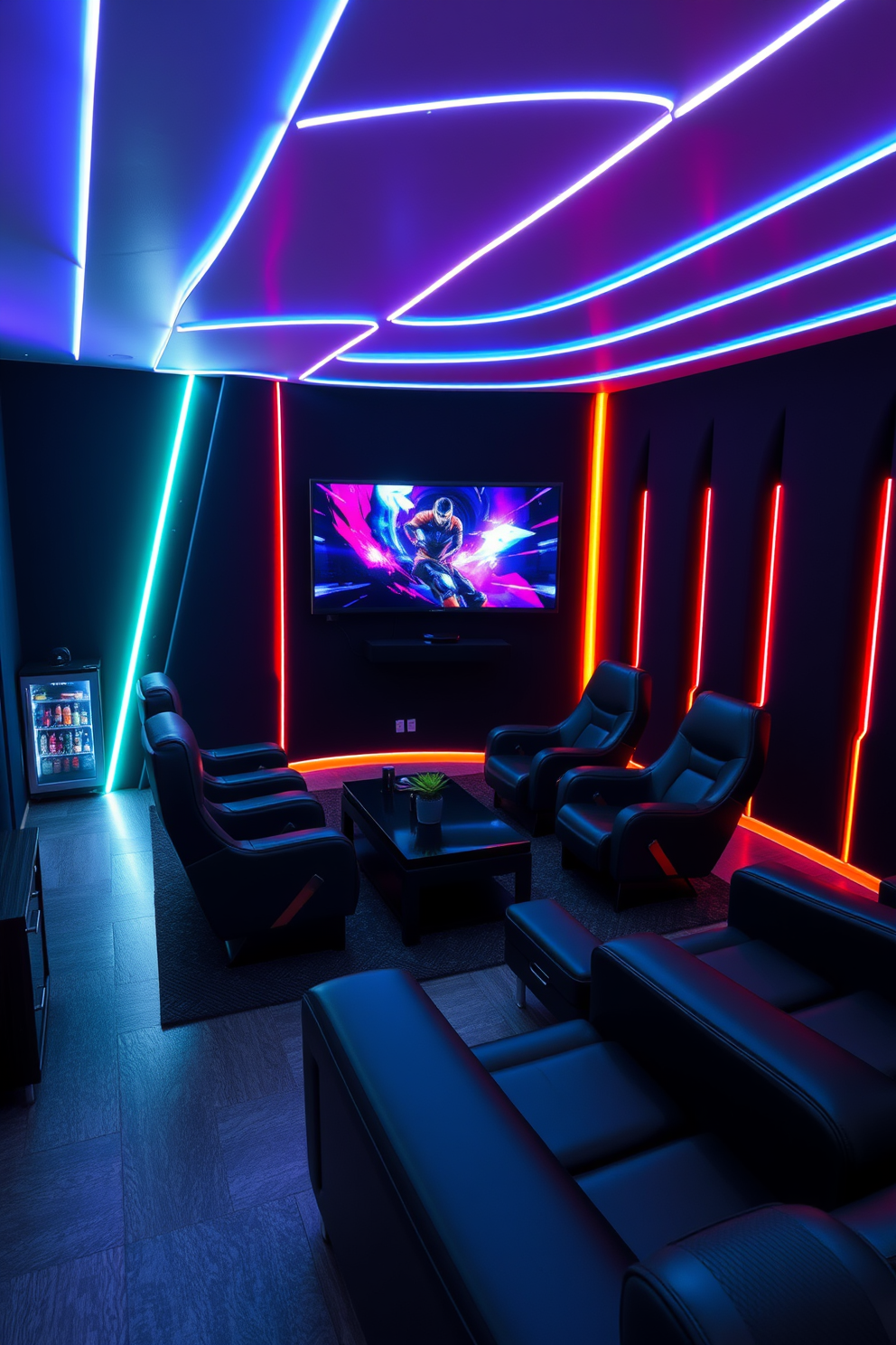 A high-tech gaming lounge featuring sleek black furniture and a large curved screen mounted on the wall. LED strip lights in vibrant colors illuminate the space, enhancing the modern aesthetic and creating an immersive gaming environment. The room is equipped with comfortable gaming chairs and a stylish coffee table in the center. Soundproof walls ensure an undisturbed experience, while a mini fridge stocked with beverages is conveniently located nearby.