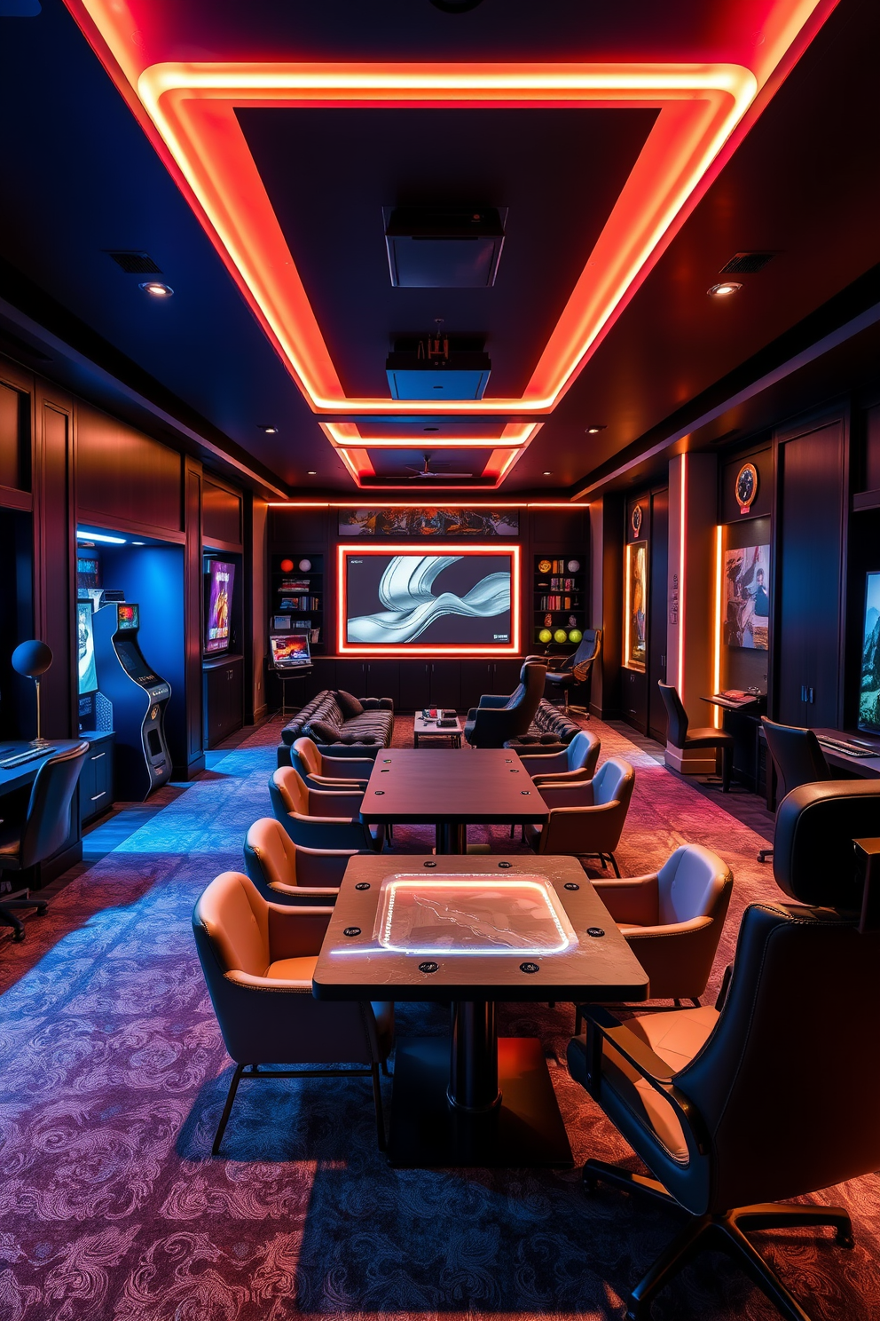 A luxury game room designed for themed zones dedicated to different gaming genres. Each zone features distinctive decor and furniture tailored to enhance the gaming experience, such as a retro arcade corner with neon lights and vintage machines. The first zone is a cozy lounge for console gaming, complete with plush seating and a large screen. The second zone showcases a sleek table for board games, surrounded by elegant chairs and ambient lighting to create an inviting atmosphere. The third zone is designed for immersive PC gaming, featuring high-tech equipment and ergonomic furniture. The overall color palette blends dark tones with vibrant accents to create an energetic yet sophisticated environment.