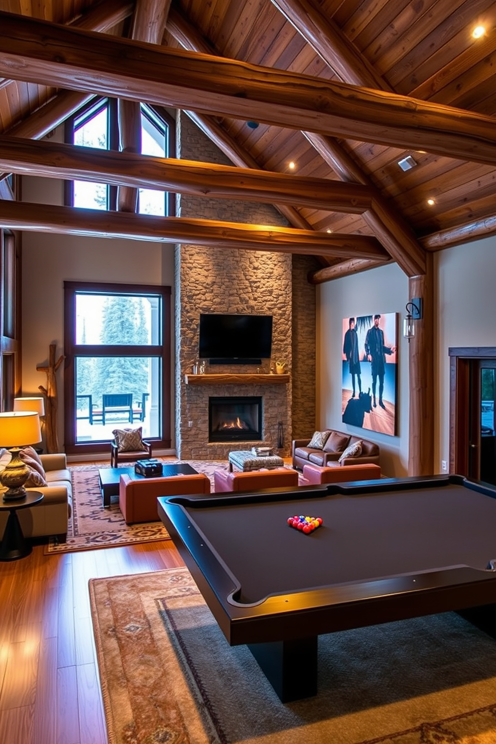 Cozy cabin theme with wood accents. Imagine a warm and inviting living space featuring exposed wooden beams and a stone fireplace. Luxury game room design ideas. Picture a stylish game room with plush seating, a sleek pool table, and ambient lighting that creates a vibrant atmosphere.