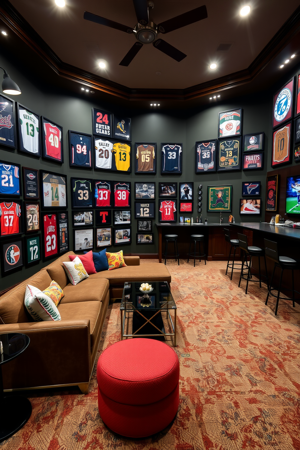 A dynamic sport-themed room featuring an array of memorabilia displays. The walls are adorned with framed jerseys and autographed photographs, creating an immersive fan experience. The centerpiece is a plush sectional sofa in team colors, positioned around a sleek coffee table. A custom bar area showcases sports-themed decor, complete with high-top stools and a large flat-screen TV for game nights.