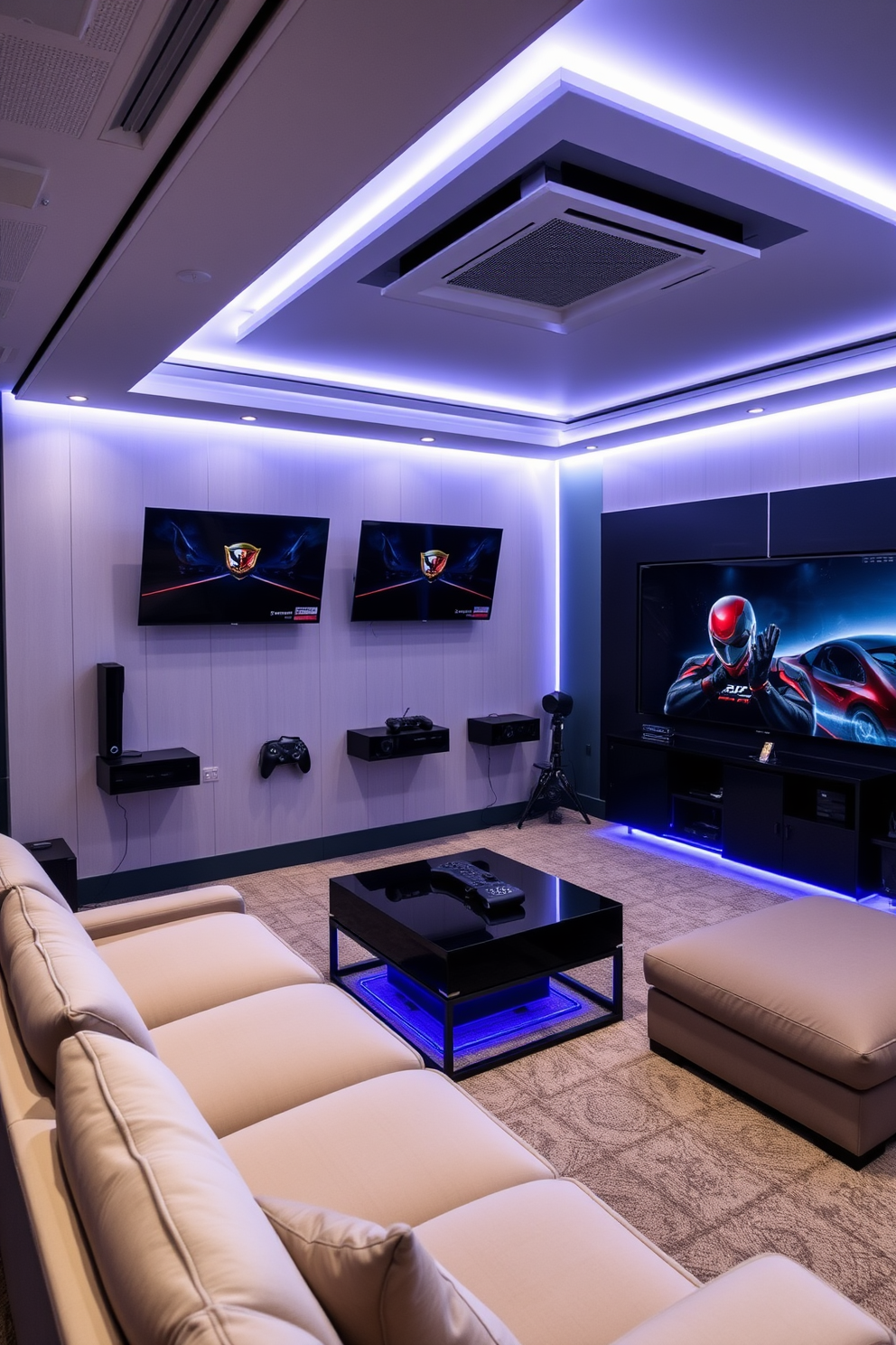 A luxury game room featuring wall-mounted gaming consoles designed for optimal space-saving. The room showcases a sleek, modern aesthetic with a plush sectional sofa and ambient LED lighting that enhances the gaming experience.