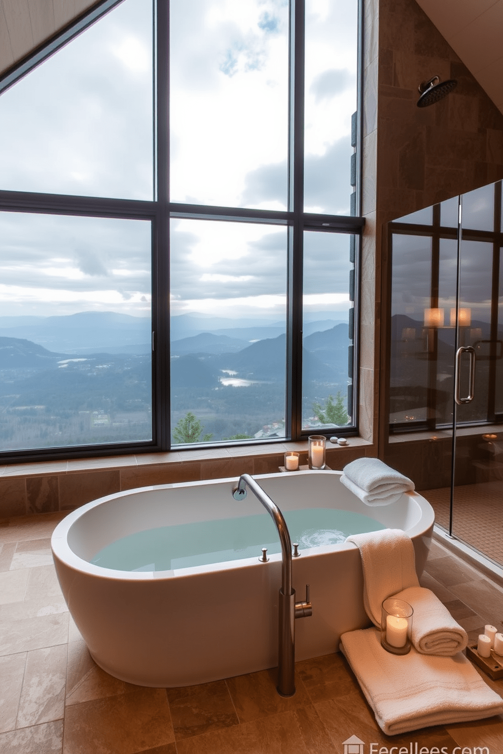 A spa-inspired soaking tub is positioned in front of large windows that showcase breathtaking views of the surrounding landscape. The tub is surrounded by natural stone tiles, and soft, ambient lighting creates a tranquil atmosphere. The bathroom features elegant fixtures with a modern touch, including a sleek faucet and a freestanding shower with glass doors. Plush towels and aromatic candles are artfully arranged to enhance the luxurious experience.