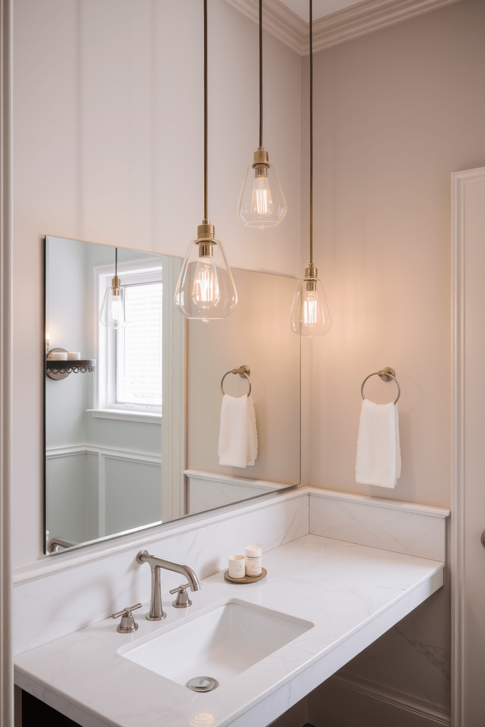 A luxurious guest bathroom featuring stylish pendant lights hanging gracefully above a sleek marble vanity. The space is adorned with elegant fixtures and a calming color palette, creating a sophisticated atmosphere.