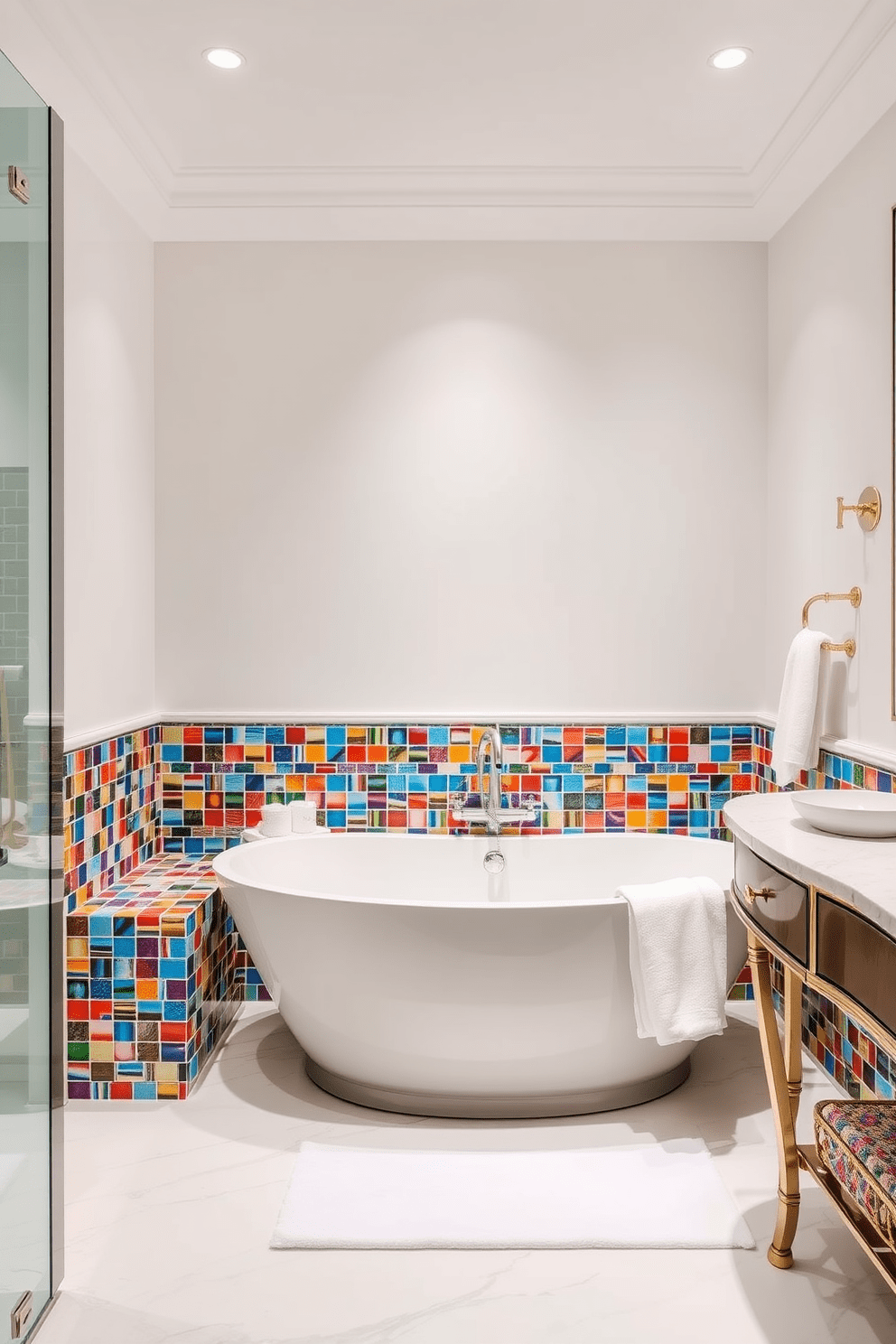 A luxury guest bathroom featuring colorful accent tiles that add visual interest. The space includes a freestanding soaking tub surrounded by vibrant tiles that create a stunning focal point. Elegant fixtures complement the colorful design, enhancing the overall sophistication of the bathroom. Soft lighting and plush towels provide a welcoming atmosphere for guests.