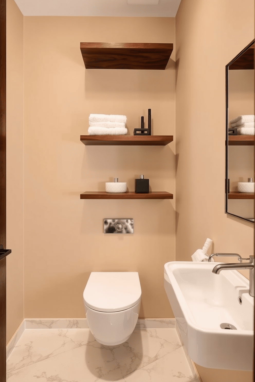 A luxury guest bathroom features floating shelves made of rich walnut wood, elegantly showcasing neatly arranged towels and decorative accents. The walls are painted in a soft beige, creating a warm and inviting atmosphere, while the floor is adorned with large format marble tiles for a touch of sophistication.