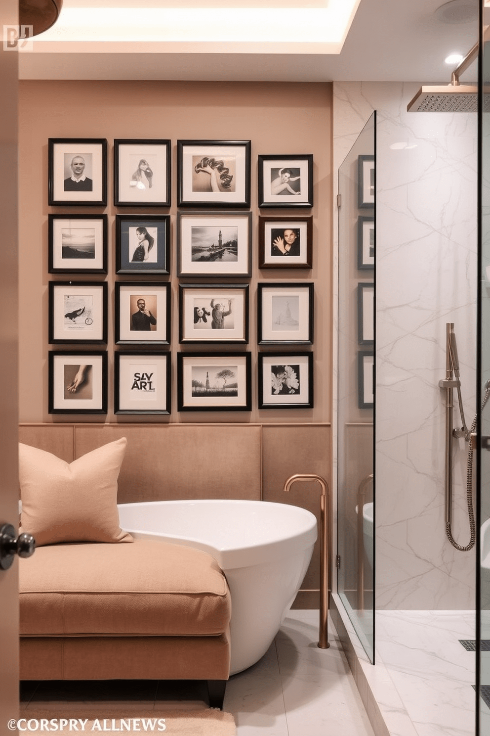 Artful wall decor for a personal touch. A gallery of framed artwork in various sizes hangs above a plush sofa, creating a focal point in the room. Luxury guest bathroom design ideas. The space features a freestanding soaking tub with elegant fixtures and a marble-tiled shower with a rain showerhead for a spa-like experience.