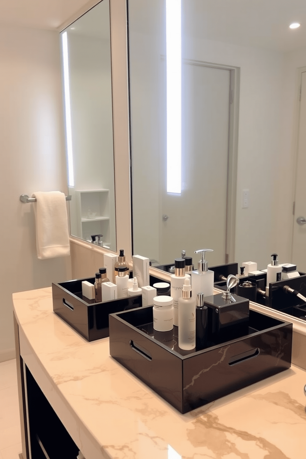 A luxury guest bathroom features a sleek marble countertop adorned with elegant trays showcasing high-end toiletries. The space is illuminated by soft lighting, creating a serene ambiance that invites relaxation and indulgence.