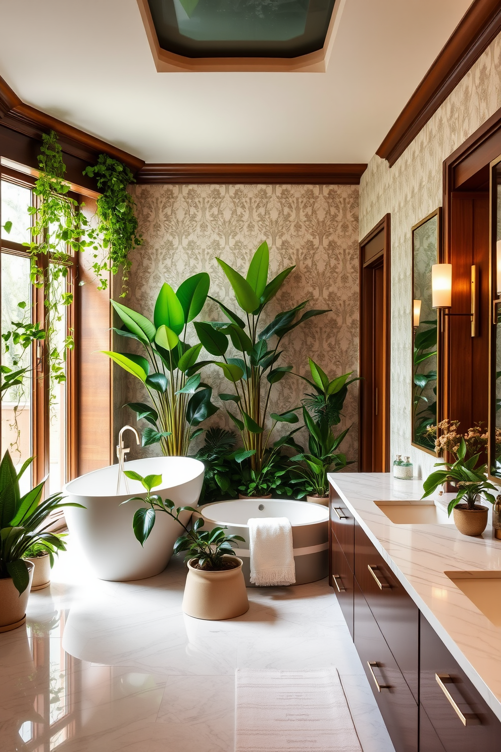 A luxury guest bathroom featuring lush greenery that creates a refreshing and tranquil atmosphere. The space includes a freestanding soaking tub surrounded by potted plants and a large window that invites natural light. The walls are adorned with elegant wallpaper in soft tones, complementing the rich wooden accents throughout. A stylish double vanity with marble countertops offers ample space and is framed by modern sconces that provide warm lighting.