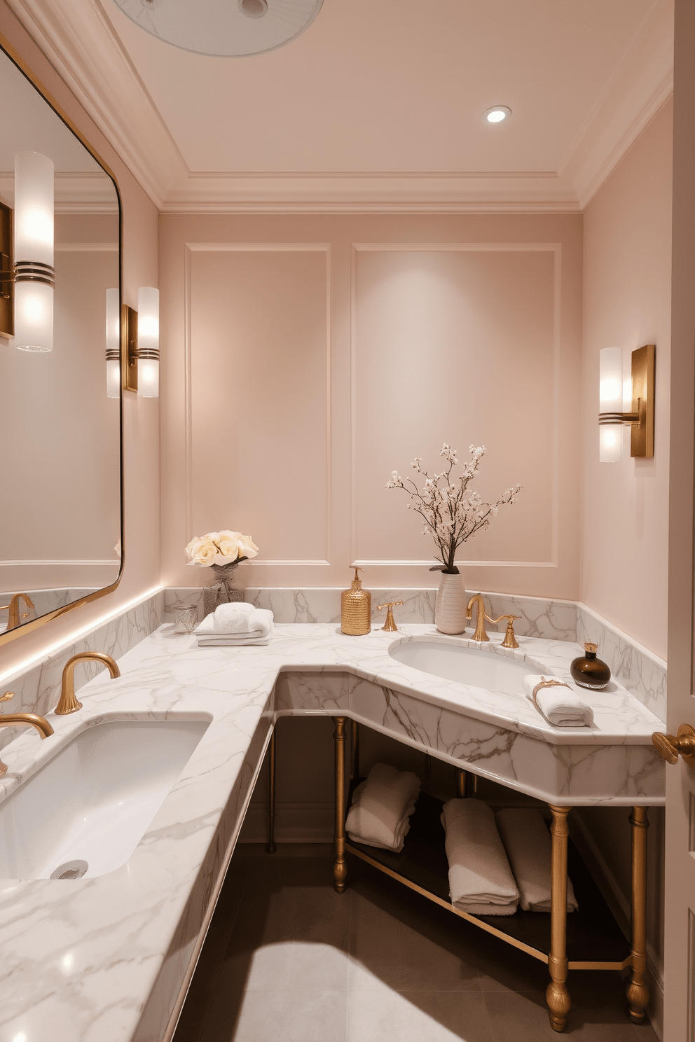 A luxury guest bathroom featuring elegant marble countertops paired with gold fixtures. The space is adorned with soft ambient lighting that highlights the opulence of the materials used. The walls are painted in a soothing neutral tone, creating a serene atmosphere. Plush towels and tasteful decor elements add a touch of sophistication and warmth to the design.