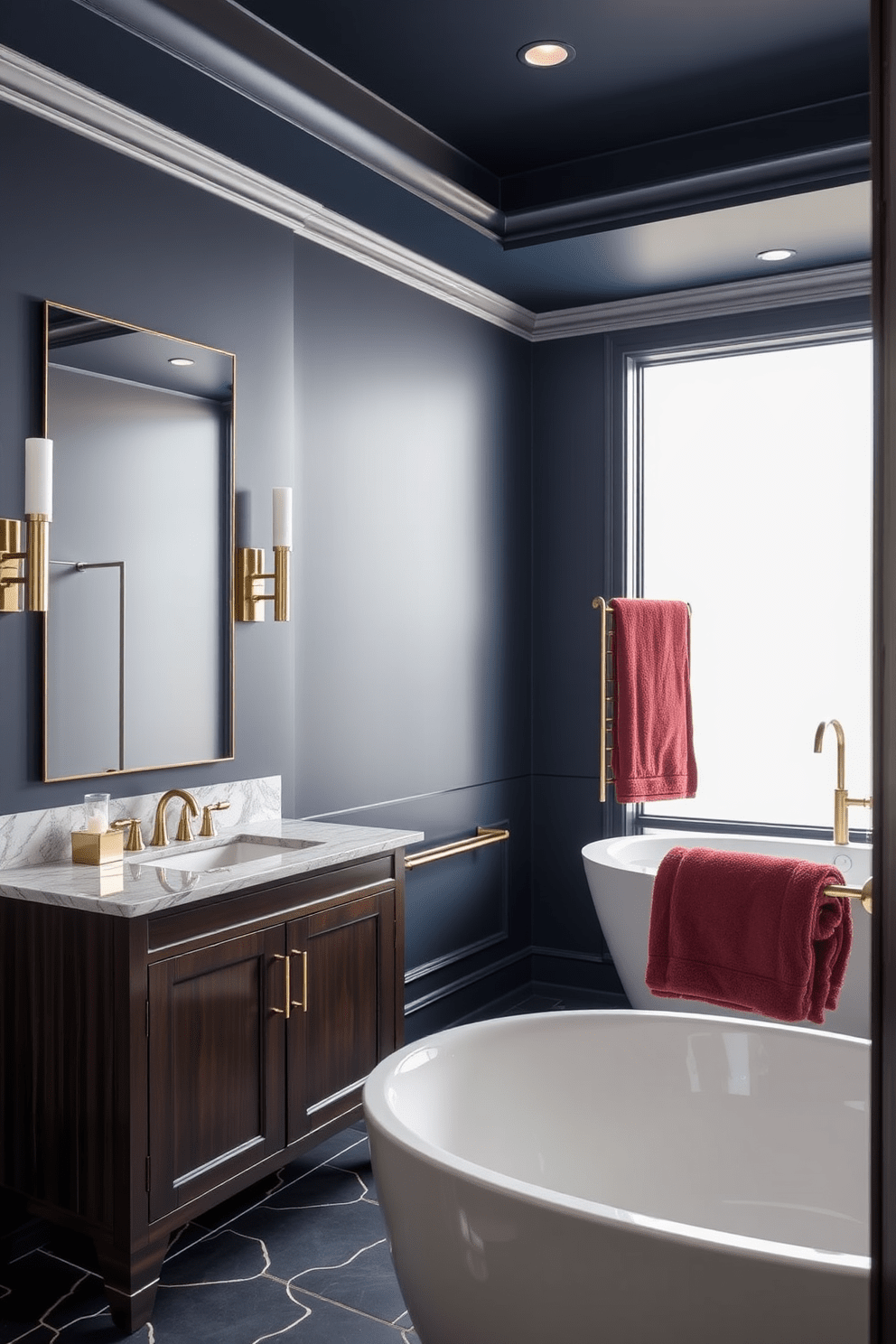 A luxury guest bathroom featuring a bold color palette with deep navy walls and gold accents. The space includes a freestanding soaking tub with a modern design and a large window allowing natural light to flood the room. The vanity is made of dark wood with a striking quartz countertop and stylish fixtures. Elegant sconces flank a large mirror, and plush towels in rich hues are neatly arranged on a heated towel rack.