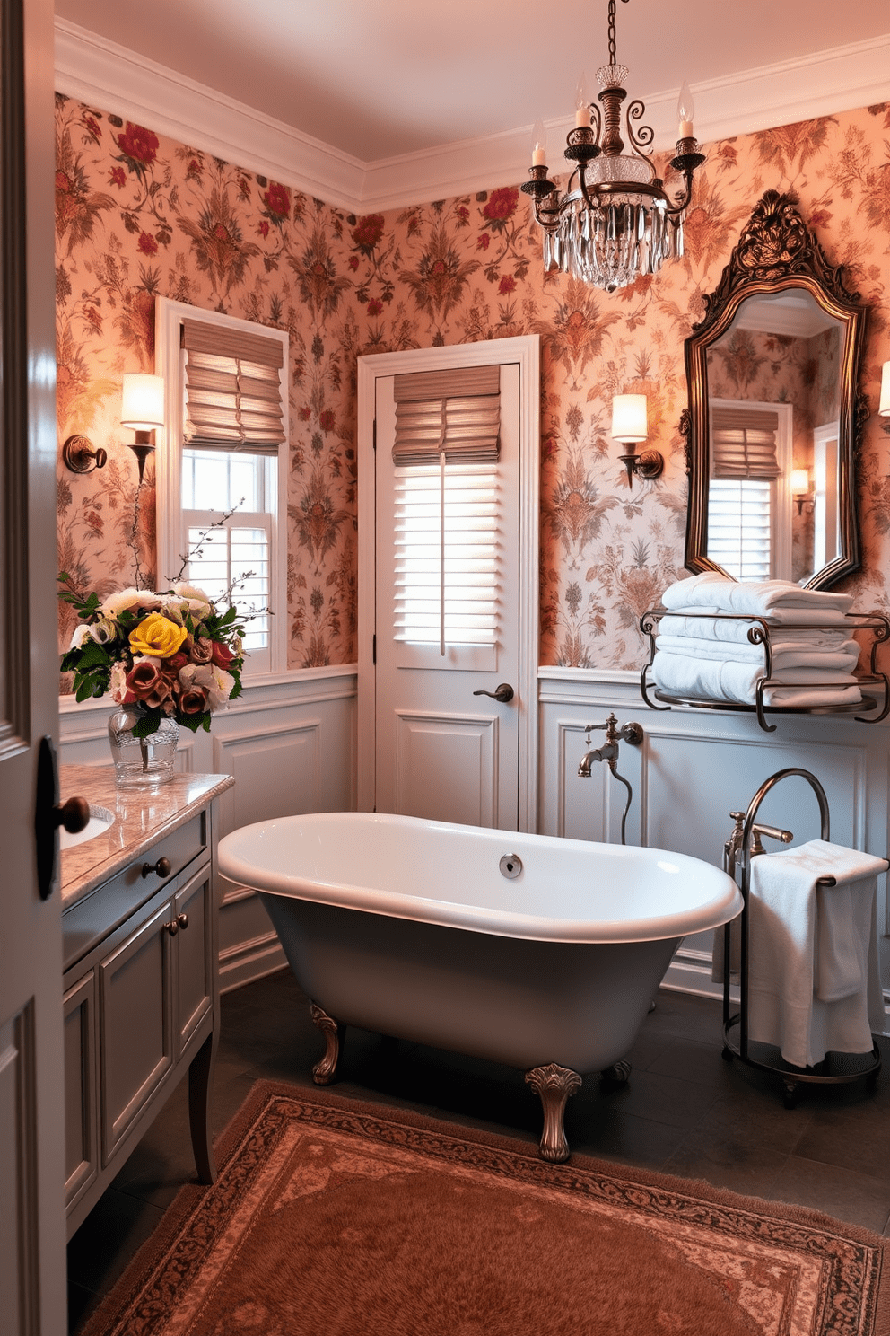 A classic clawfoot tub sits elegantly in the center of the room, surrounded by vintage-inspired fixtures and soft lighting. The walls are adorned with intricate wallpaper featuring floral patterns, and a plush area rug adds warmth to the space. The vanity features a polished marble countertop with antique brass hardware, complemented by a large ornate mirror above it. Fresh flowers in a crystal vase provide a touch of color, while fluffy white towels are neatly arranged on a nearby rack.