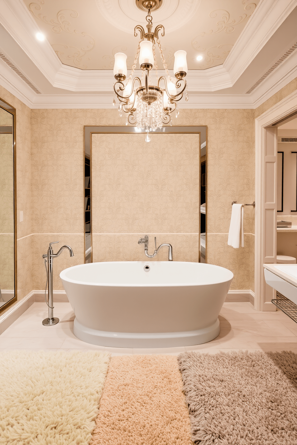 A luxury guest bathroom featuring a spacious soaking tub surrounded by textured rugs that add warmth and comfort to the space. The walls are adorned with elegant wallpaper in a soft pastel hue, complemented by polished chrome fixtures and a stylish chandelier overhead.