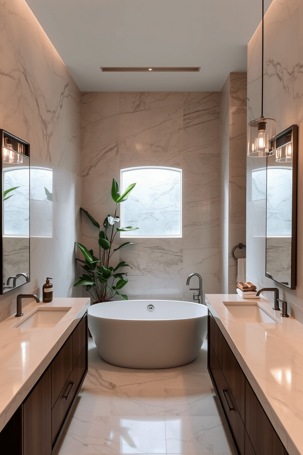 A luxury guest bathroom featuring natural stone accents throughout the space. The walls are adorned with elegant marble tiles, while a freestanding soaking tub sits at the center, surrounded by lush greenery for a serene atmosphere. A sleek double vanity made of dark wood complements the light stone countertops. Above the vanity, a pair of backlit mirrors enhance the ambiance, reflecting the soft glow of stylish pendant lights.