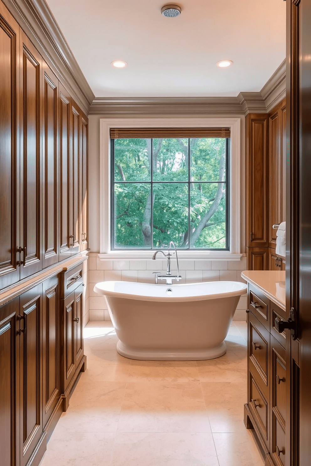 Bespoke cabinetry with intricate details enhances the luxury of the guest bathroom. The cabinetry features elegant moldings and a rich wood finish, providing both functionality and aesthetic appeal. Soft lighting illuminates the space, creating a warm and inviting atmosphere. A freestanding soaking tub is positioned near a large window, surrounded by lush greenery for a serene escape.