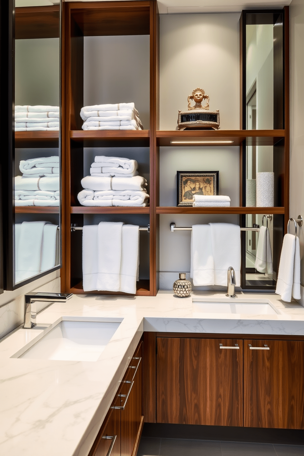 A luxury guest bathroom featuring open shelving that showcases elegant towels and decorative items. The shelving is made of rich wood, complementing the sleek marble countertops and modern fixtures.