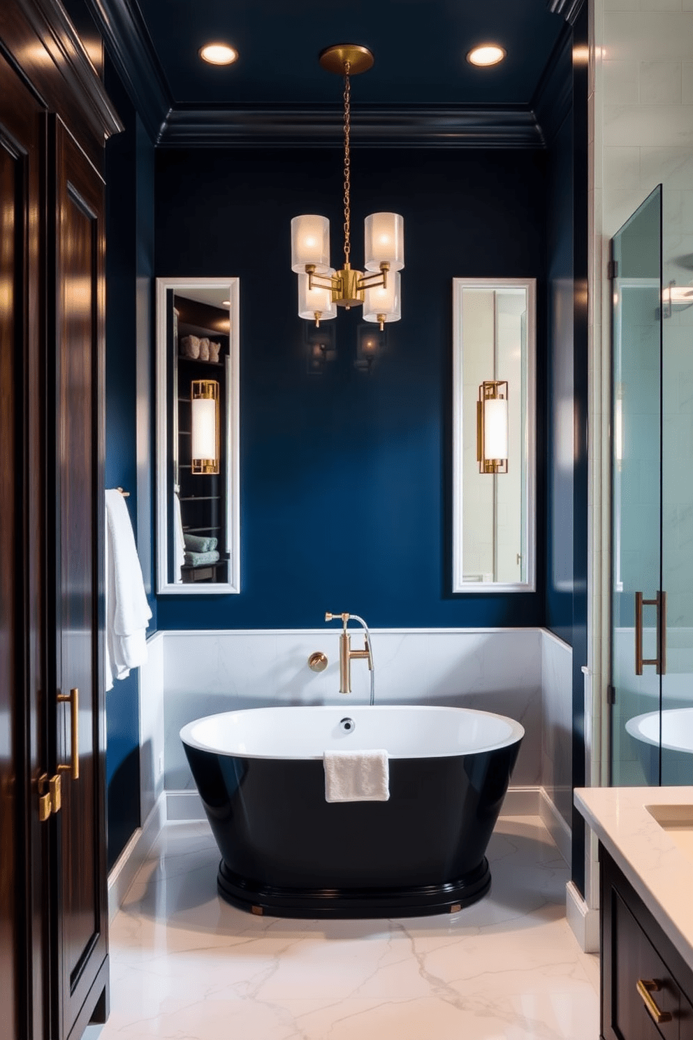 A luxury guest bathroom featuring a striking contrast between dark and light elements. The walls are painted in a deep navy blue, while the floor is adorned with large white marble tiles. A freestanding soaking tub sits elegantly in the center, surrounded by soft, ambient lighting. Dark wood cabinetry with gold hardware complements the light fixtures and adds a touch of sophistication.