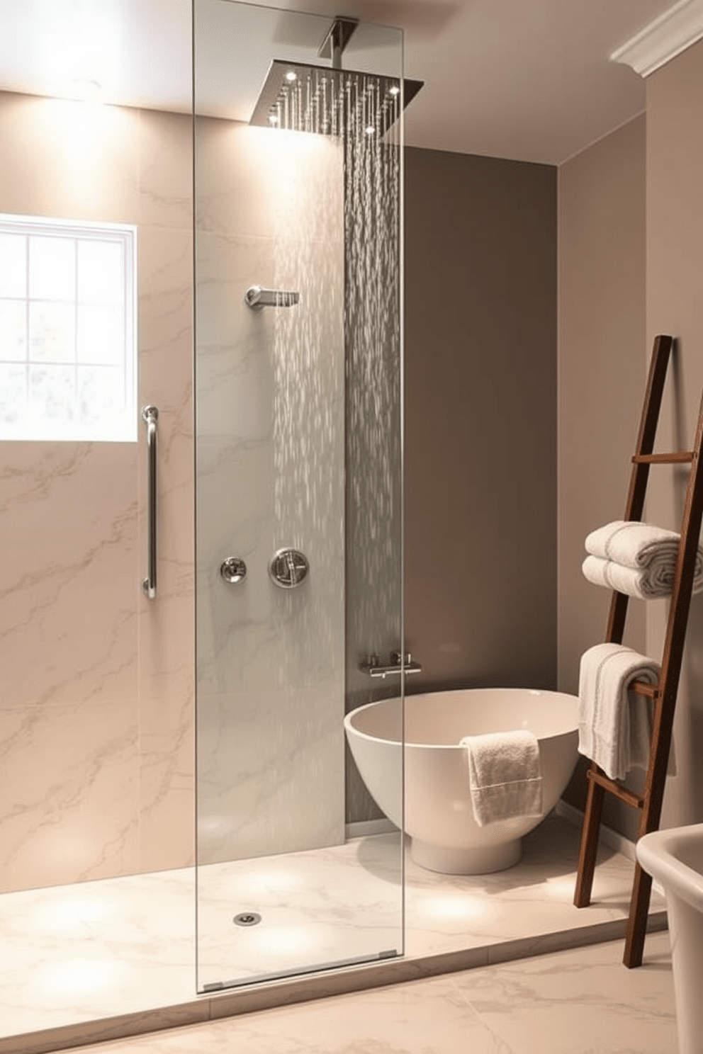 A luxurious guest bathroom features a rainfall showerhead with built-in lighting that creates a serene ambiance. The shower area is elegantly tiled with large marble slabs, while the surrounding walls are painted in a soft, calming color. The space includes a freestanding soaking tub positioned near a window, allowing natural light to flood the room. Plush towels are neatly arranged on a stylish ladder rack, enhancing the overall sophistication of the design.