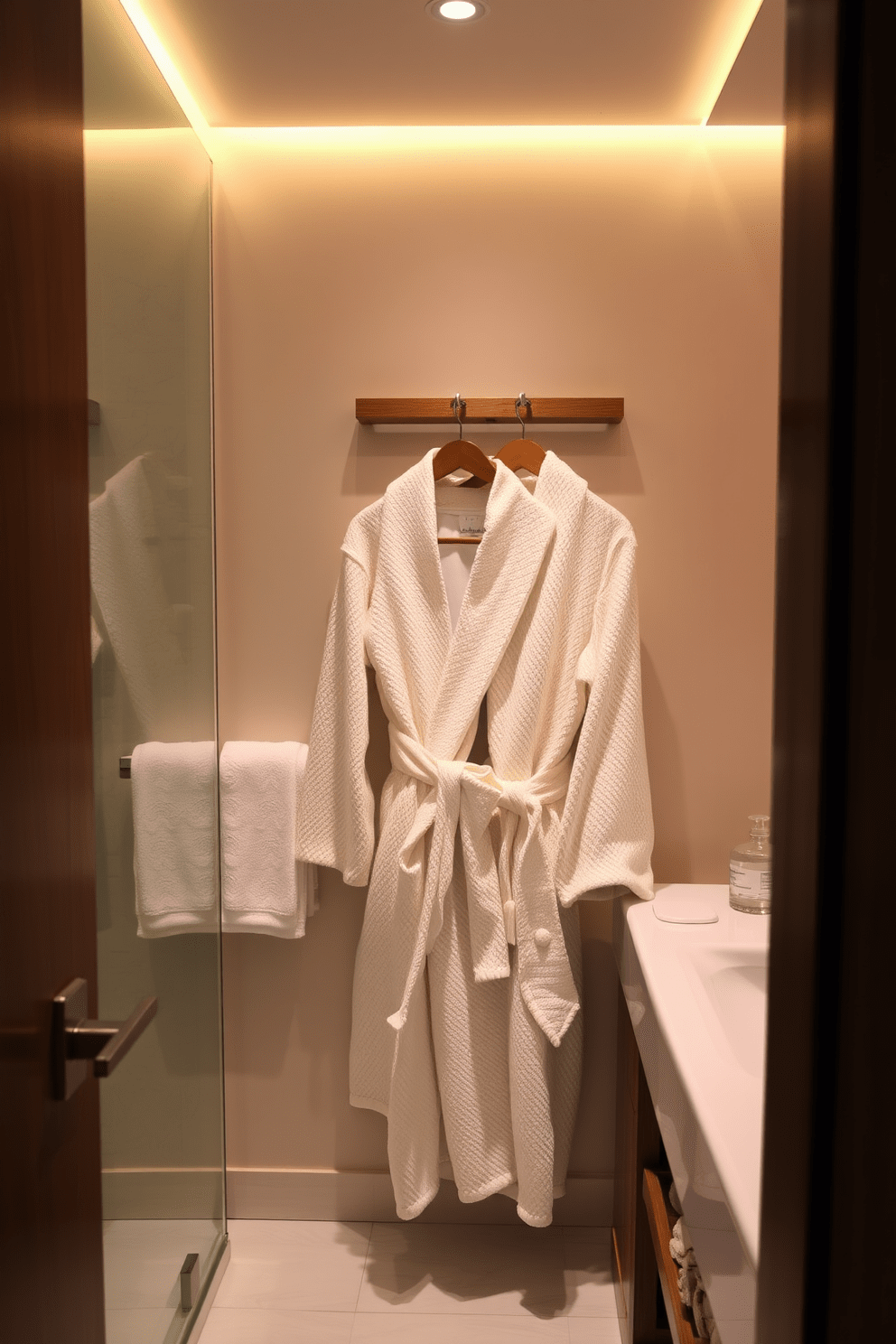 A luxurious guest bathroom featuring plush towels and elegant bathrobes displayed on a stylish wooden rack. The space is adorned with soft ambient lighting, enhancing the serene atmosphere and inviting comfort.