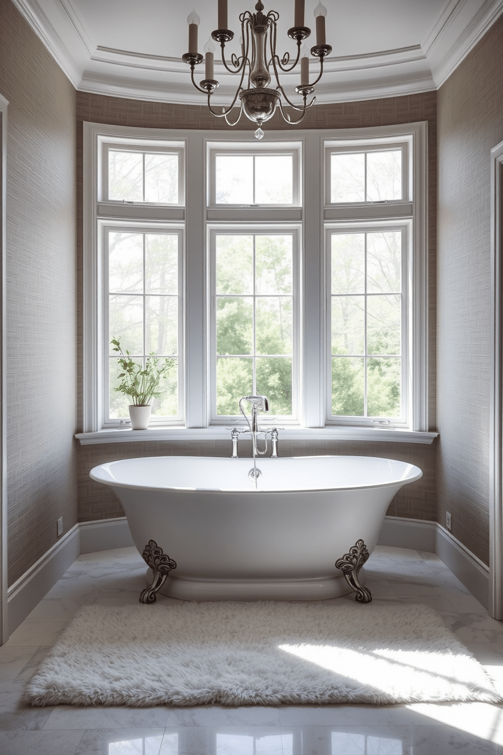 A freestanding bathtub is elegantly positioned in a serene nook, surrounded by soft natural light filtering through large windows. The space features calming neutral tones, with a plush area rug beneath the tub and delicate greenery enhancing the tranquil atmosphere. The walls are adorned with subtle textured wallpaper, creating a sophisticated backdrop. Elegant fixtures in polished chrome complement the luxurious design, while a stylish chandelier adds a touch of glamour overhead.