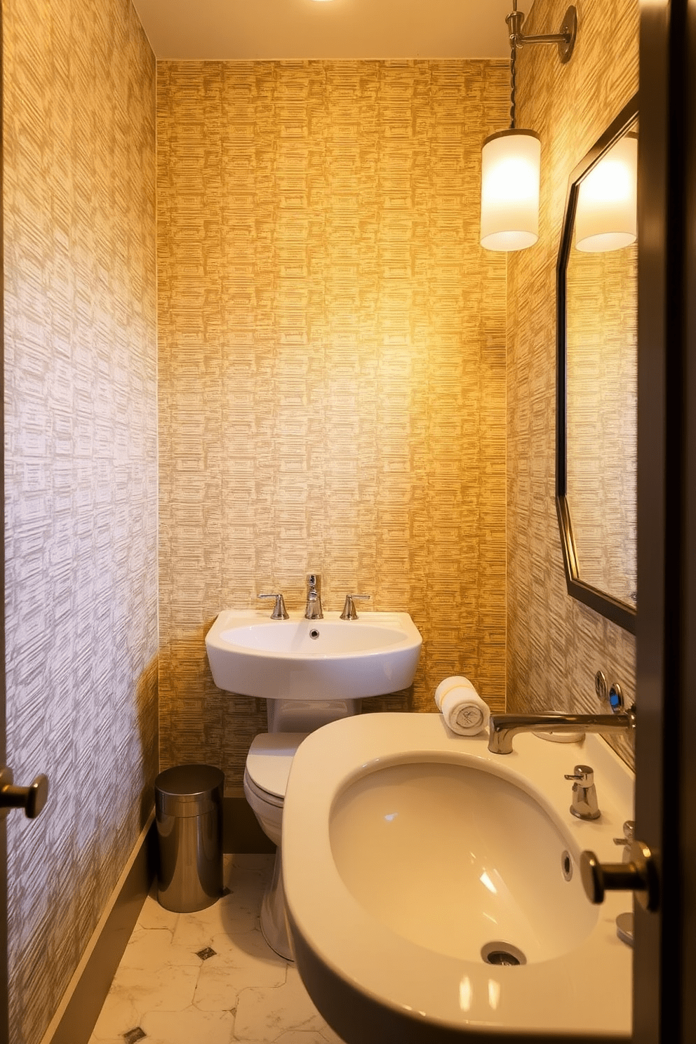 A cozy luxury guest bathroom featuring textured wallpaper that adds warmth and character to the space. The atmosphere is enhanced by soft lighting and elegant fixtures, creating an inviting retreat for guests.