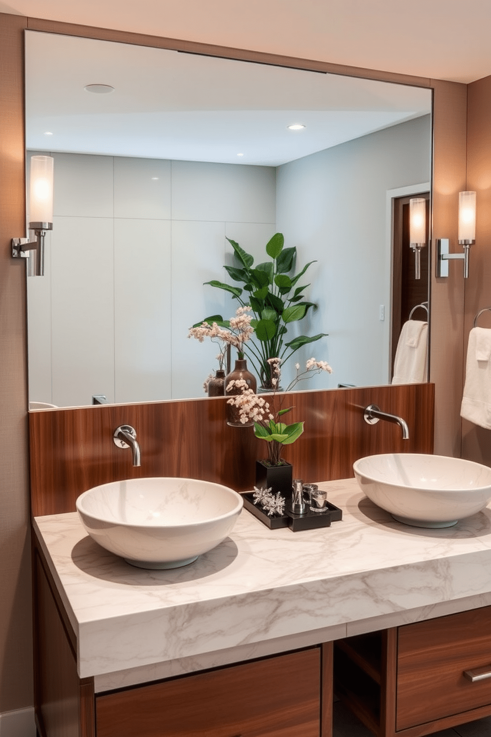 A luxury guest bathroom featuring double vanities with unique vessel sinks. The vanities are crafted from rich walnut wood and topped with a stunning quartz countertop, showcasing the intricate patterns of the stone. Above each vessel sink, elegant wall-mounted faucets gleam in polished nickel, complemented by stylish wall sconces that provide warm illumination. The space is adorned with a large frameless mirror that reflects the tasteful decor, including lush greenery and decorative accents that add character.