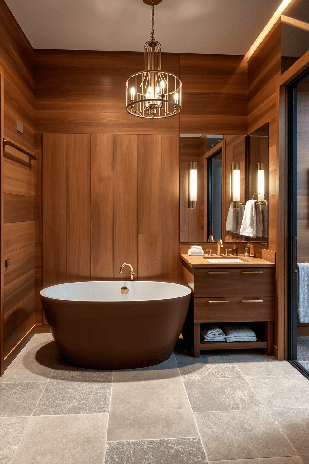 A luxury guest bathroom featuring warm wood accents that create a natural and inviting atmosphere. The space includes a freestanding soaking tub surrounded by wooden planks and a chic chandelier overhead. The vanity is crafted from rich walnut with sleek brass fixtures, complemented by a large frameless mirror that enhances the sense of space. Soft, ambient lighting illuminates the room, highlighting the textured stone tiles on the floor and the elegant decor.