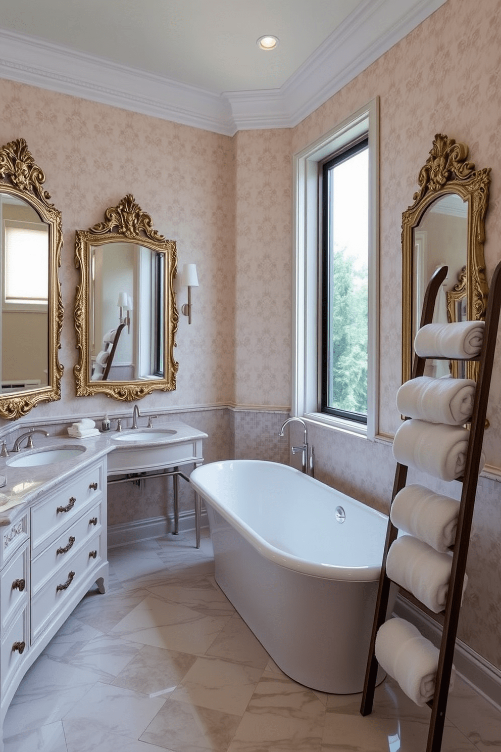 A luxurious guest bathroom featuring statement mirrors with ornate decorative frames. The space includes a freestanding soaking tub positioned under a large window, allowing natural light to flood in. The walls are adorned with elegant wallpaper in soft hues, complementing the rich marble flooring. Plush towels are neatly arranged on a stylish ladder rack, adding a touch of warmth and comfort.