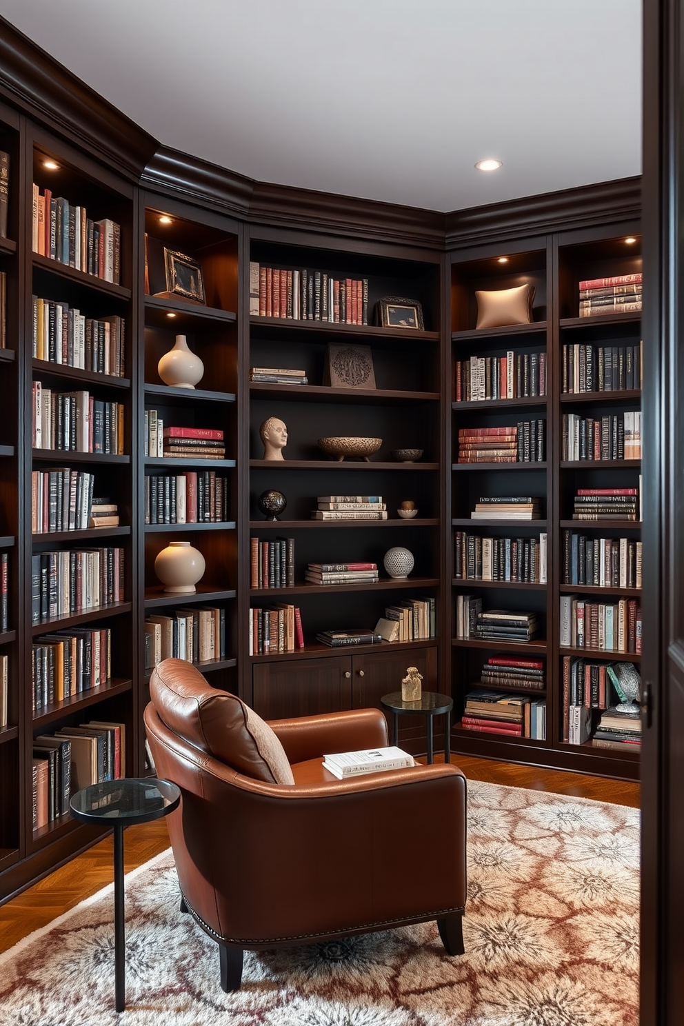 Elegant dark wood shelving units create a warm and inviting atmosphere in a luxury home library. The shelves are filled with an extensive collection of books, with carefully curated decorative objects placed strategically to enhance the aesthetic. Soft ambient lighting highlights the rich tones of the wood, while a plush area rug adds comfort underfoot. A cozy reading nook with a leather armchair and a small side table invites relaxation and quiet contemplation.