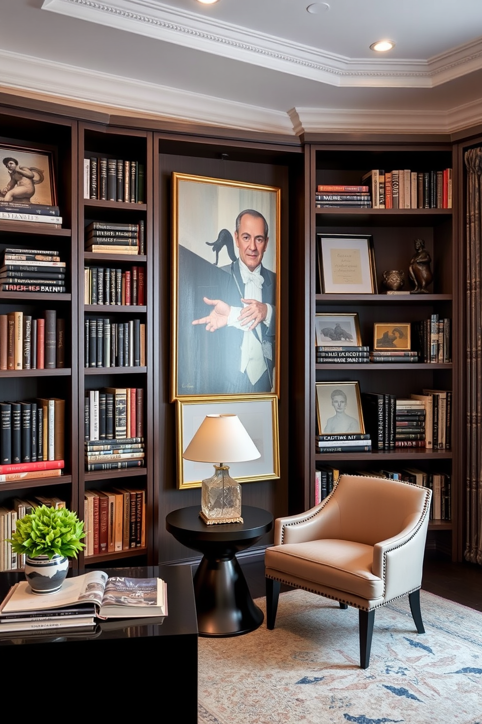 A luxury home library featuring contemporary artwork and a curated selection of books. The space is adorned with elegant shelving that showcases both art pieces and literary collections, creating a sophisticated atmosphere.