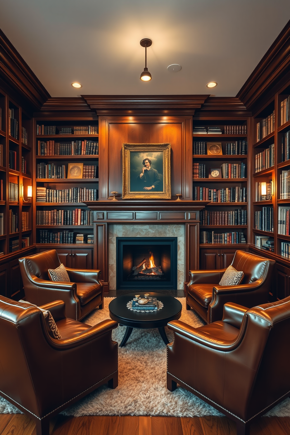 A warm fireplace serves as the focal point of the luxury home library. Rich wooden bookshelves line the walls, filled with an extensive collection of books, while a plush area rug anchors the seating area. Elegant leather armchairs are arranged around the fireplace, creating an inviting reading nook. Soft, ambient lighting from stylish sconces casts a warm glow, enhancing the cozy atmosphere of the space.