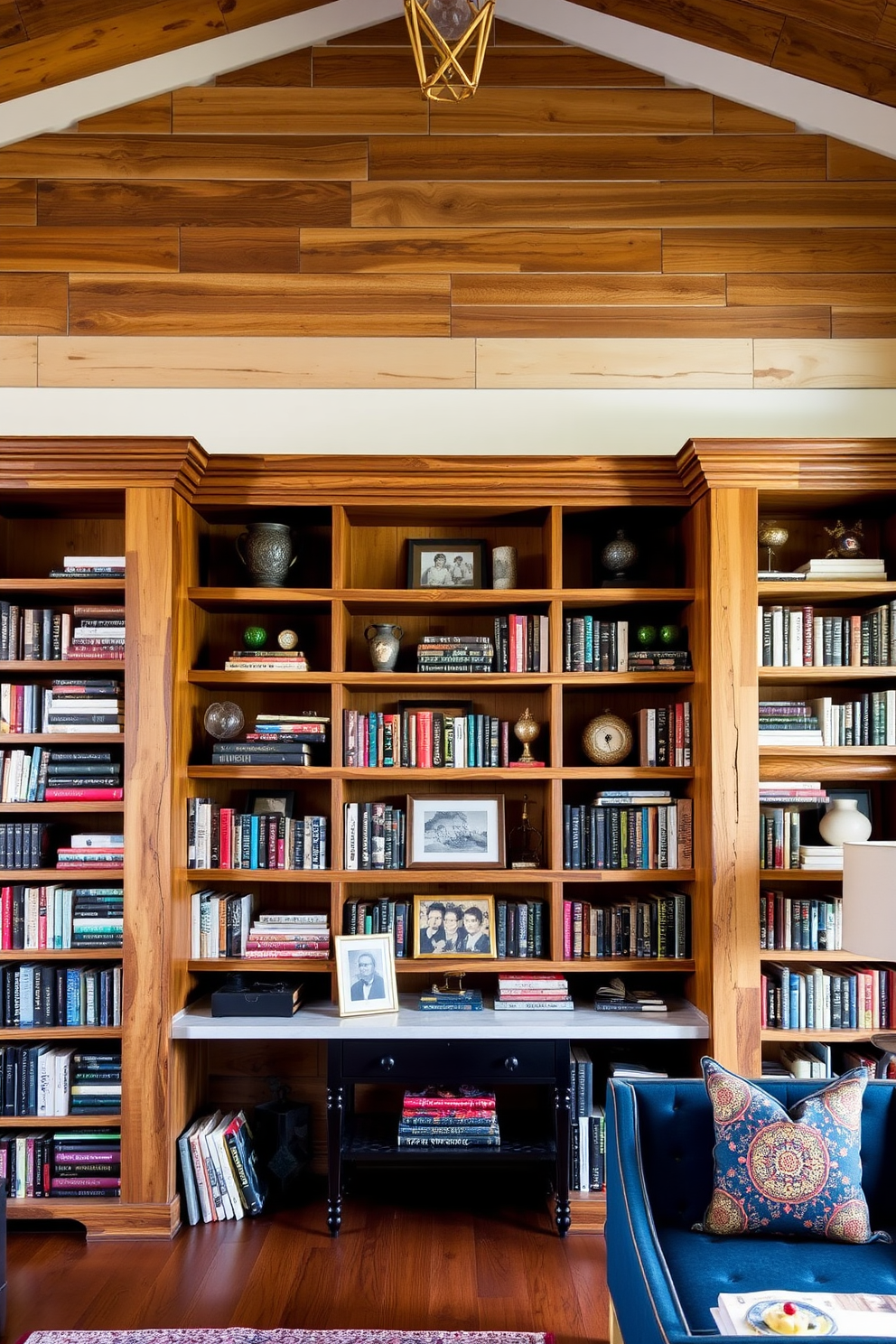 A cozy luxury home library featuring rustic reclaimed wood bookcases that reach from floor to ceiling. The shelves are filled with an eclectic mix of books, decorative items, and personal memorabilia, creating an inviting atmosphere for reading and relaxation.